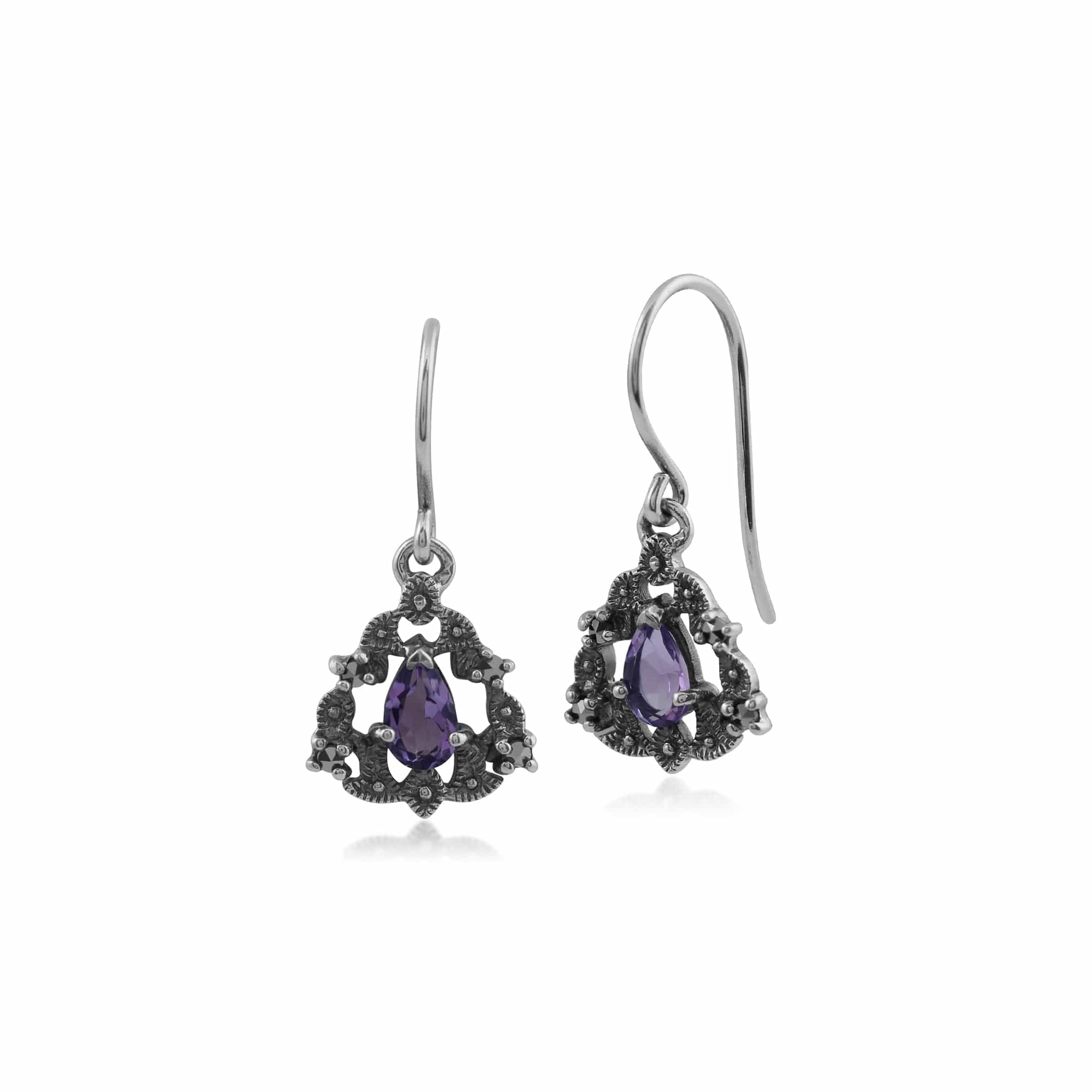 Product photograph of Art Nouveau Style Pear Amethyst Marcasite Garland Drop Earrings In 925 Sterling Silver from Gemondo Jewellery
