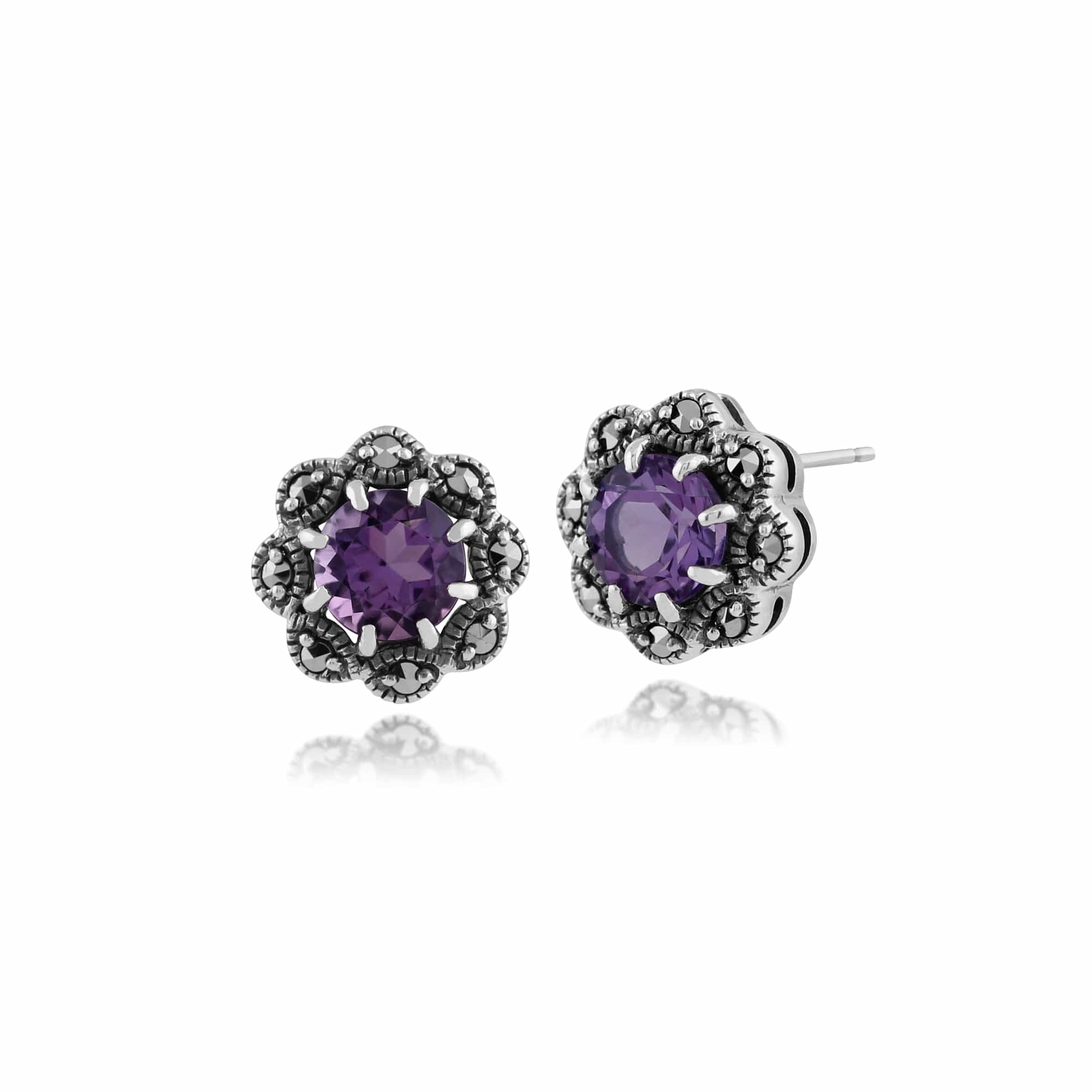 Product photograph of Art Nouveau Style Round Amethyst Marcasite Stud Earrings In 925 Sterling Silver from Gemondo Jewellery