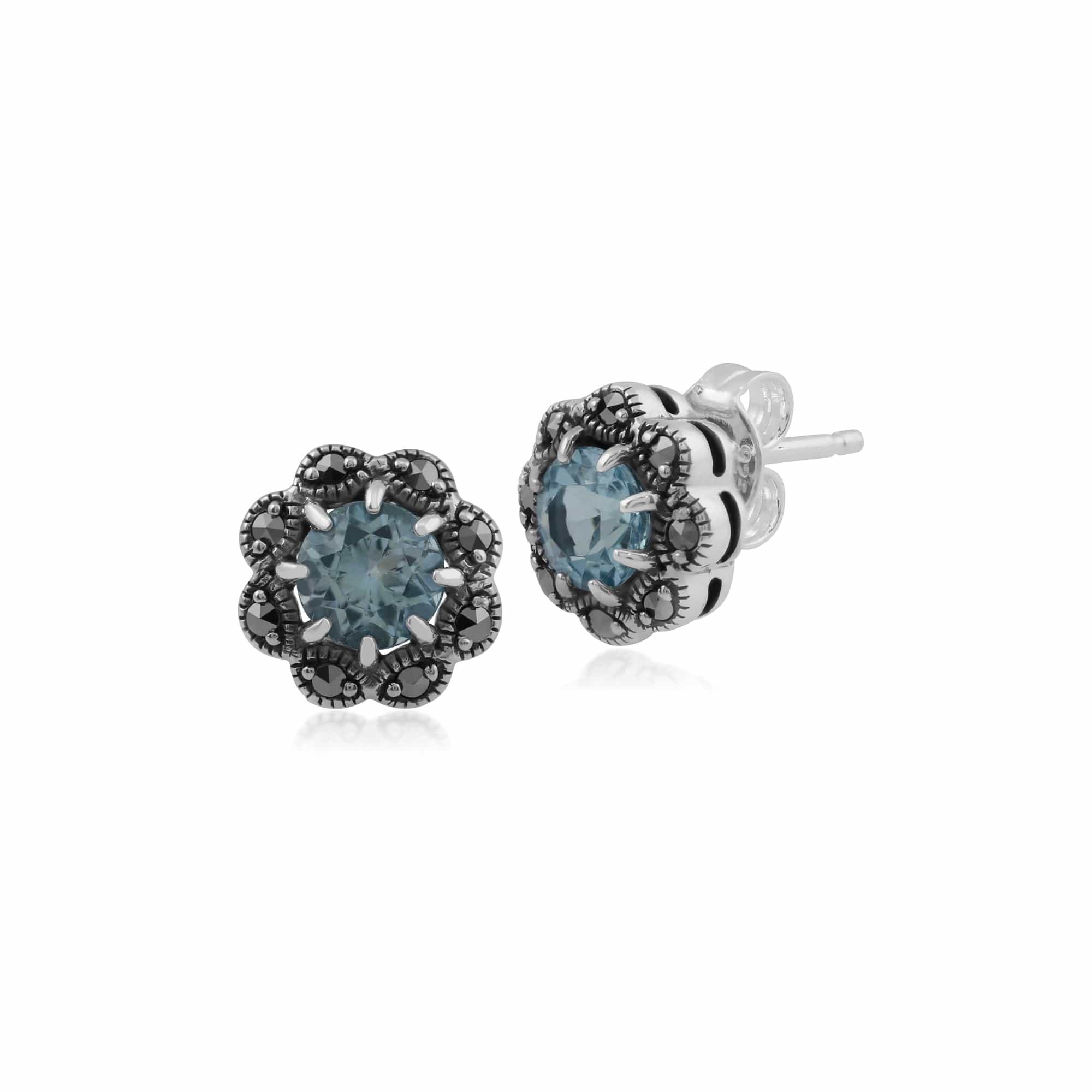Product photograph of Floral Round Blue Topaz Marcasite Cluster Stud Earrings In 925 Sterling Silver from Gemondo Jewellery