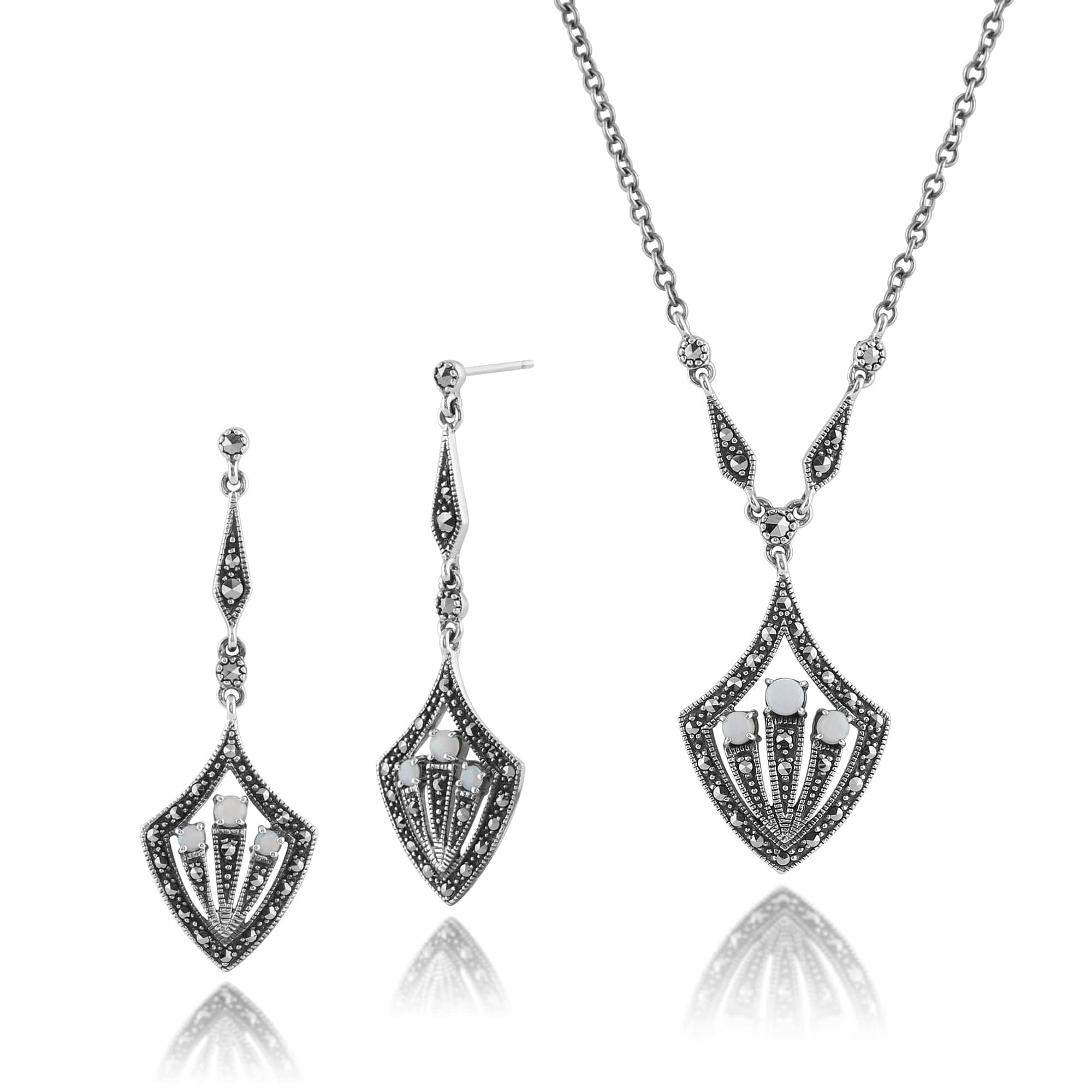 Product photograph of Art Deco Style Opal Marcasite Shield Drop Earrings Necklace Set In Silver from Gemondo Jewellery