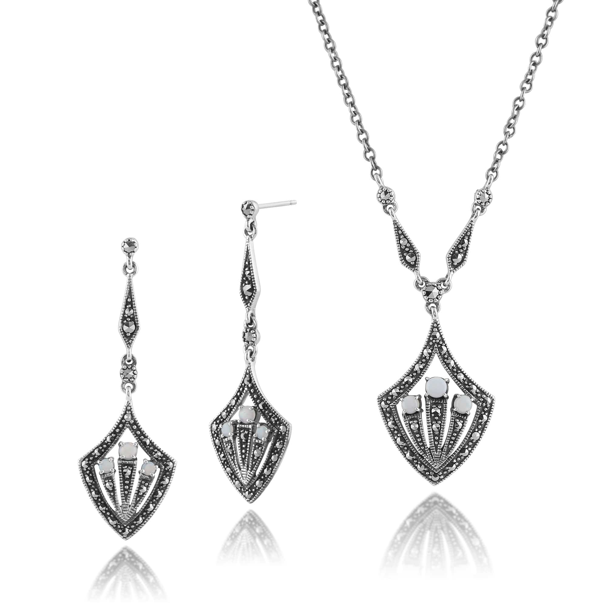 Image of Art Deco Style Opal & Marcasite Shield Drop Earrings & Necklace Set in Silver