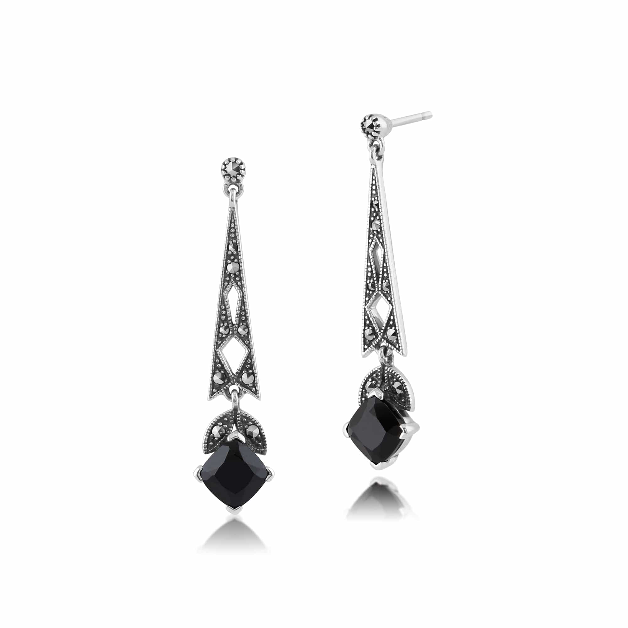 Image of Art Deco Style Cushion Black Spinel & Marcasite Drop Earrings in 925 Sterling Silver