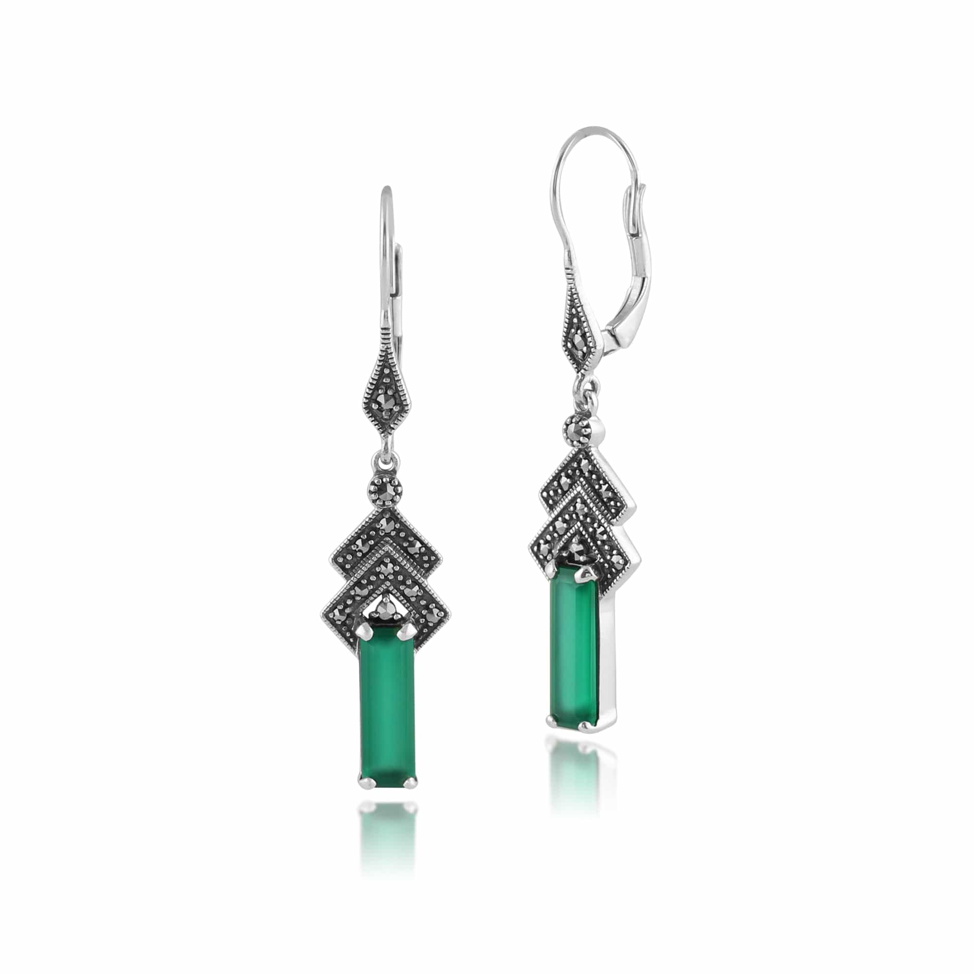 Product photograph of Art Deco Style Rectangle Green Chalcedony Marcasite Drop Earrings In Silver from Gemondo Jewellery