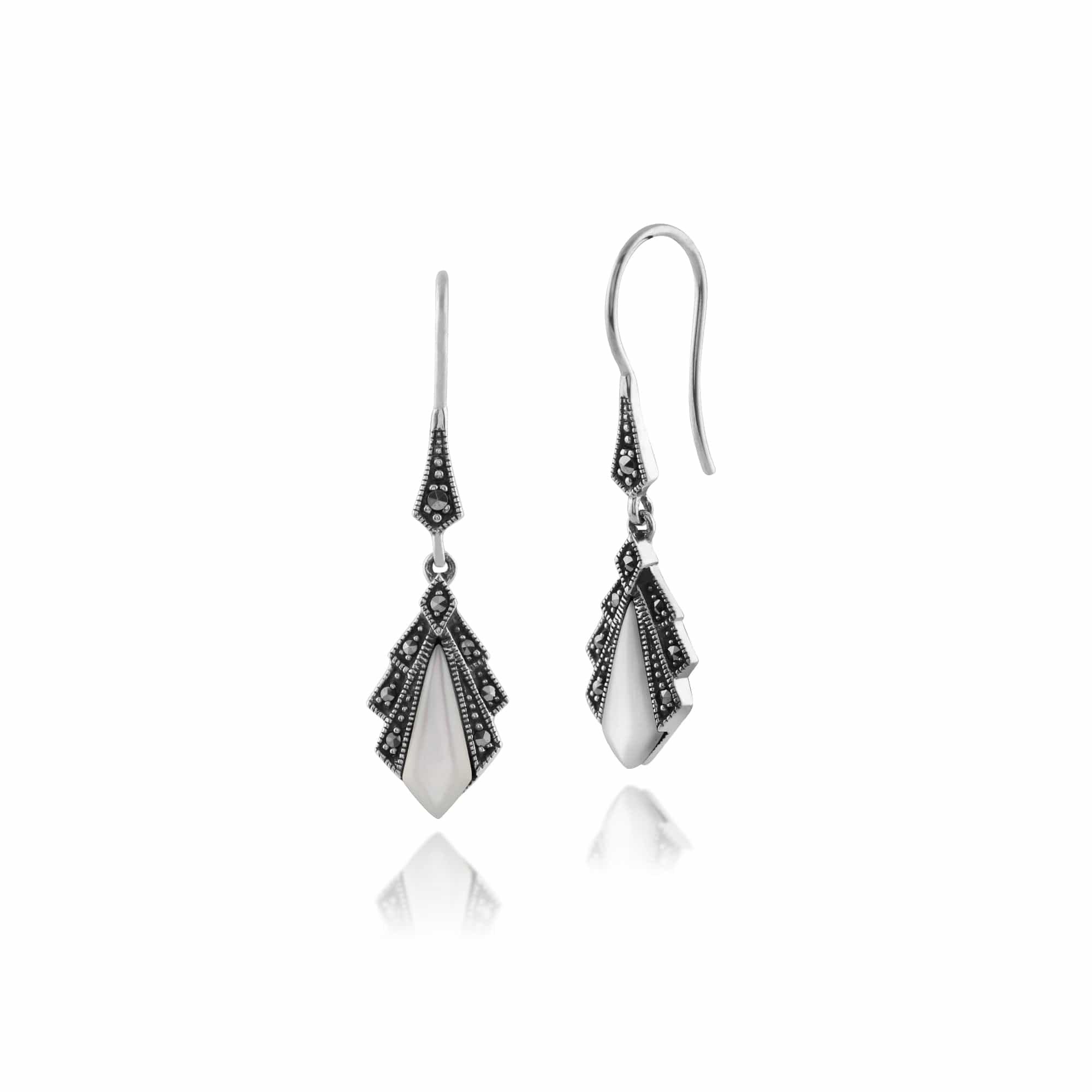 Product photograph of Art Deco Style Diamond Mother Of Pearl Marcasite Drop Earrings In 925 Sterling Silver from Gemondo Jewellery
