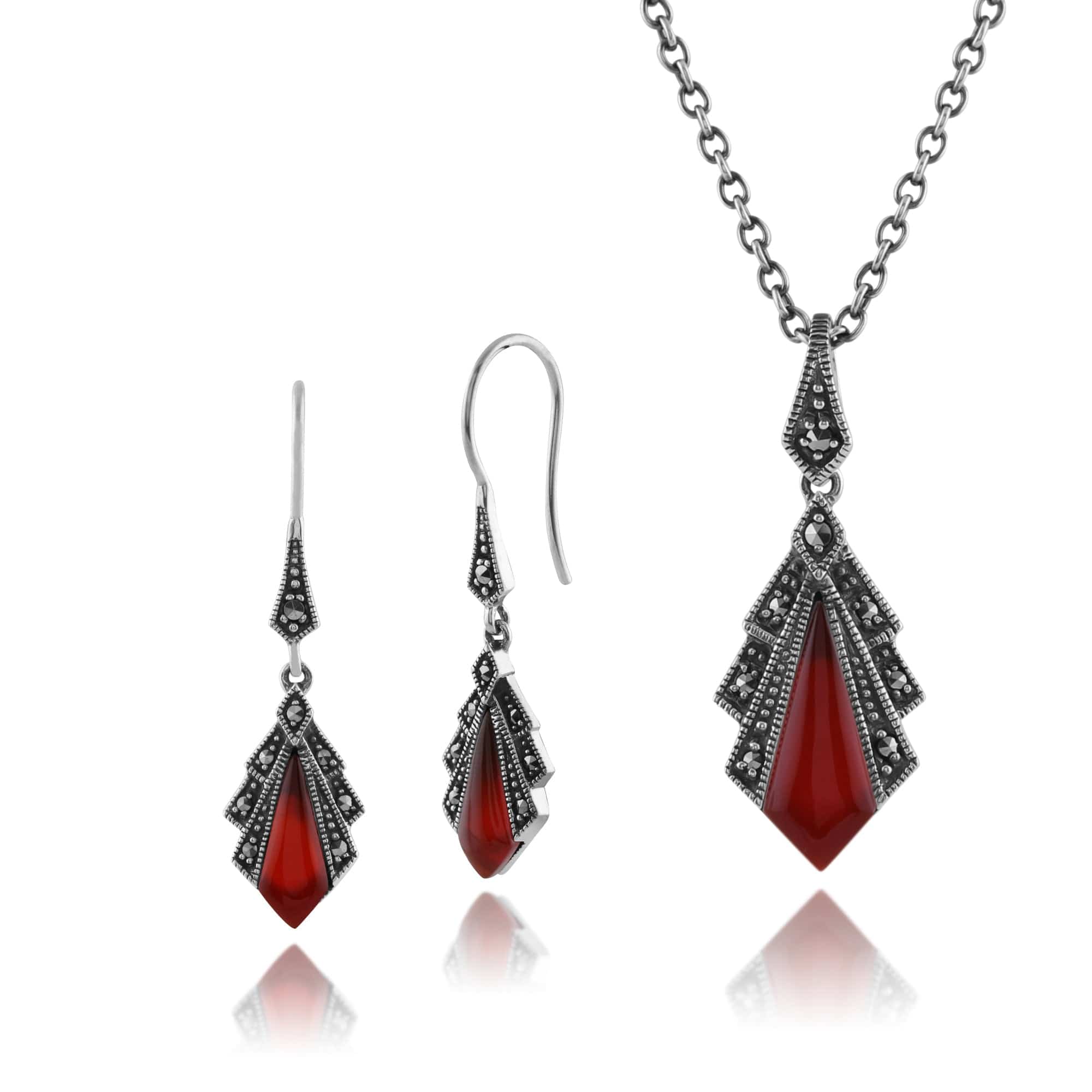 Image of Art Deco Style Style Carnelian & Round Marcasite Fan Drop Earrings & Pendant Set in 925 Sterling Silver