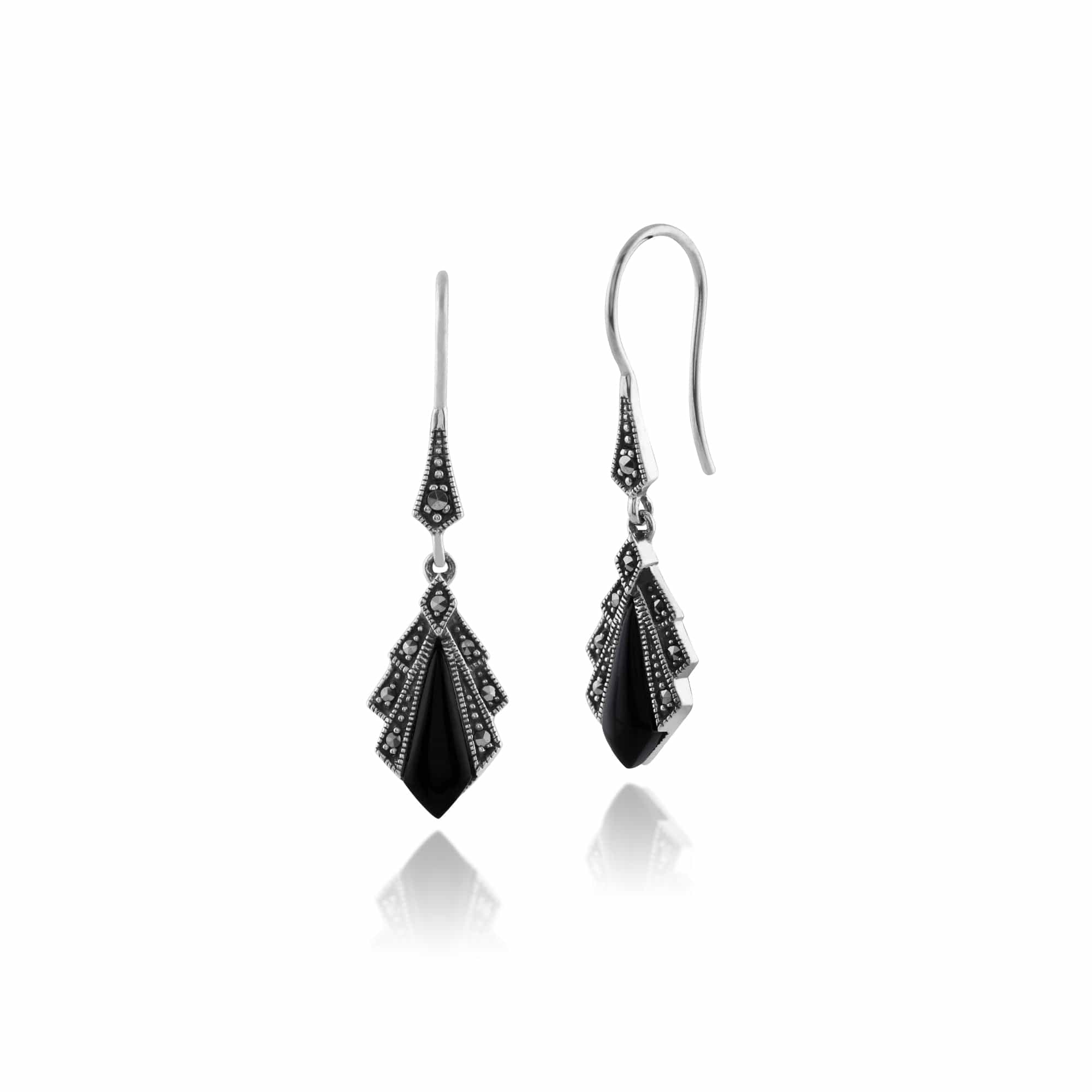 Image of Art Deco Style Diamond Black Onyx & Marcasite Drop Earrings in 925 Sterling Silver