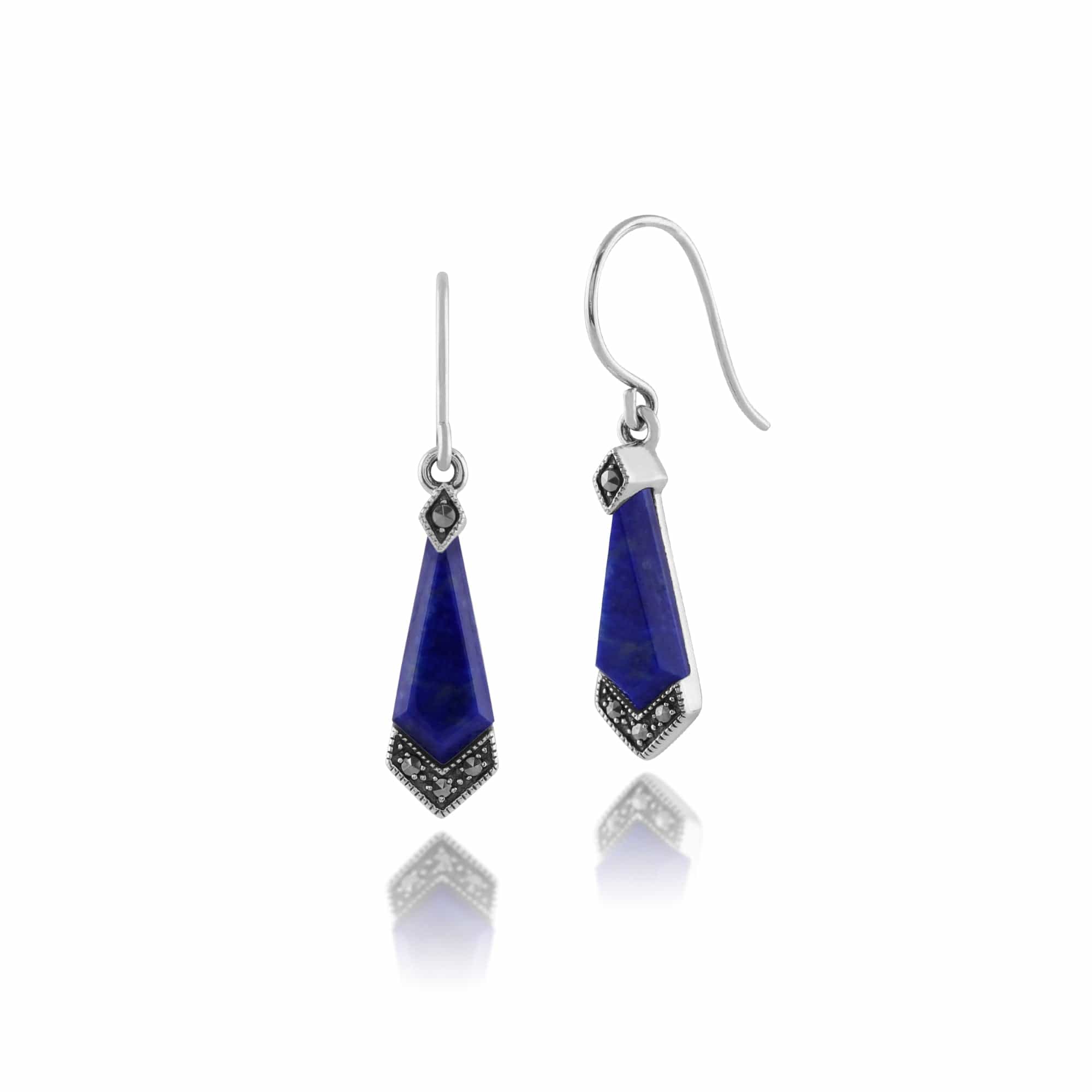 Product photograph of Art Deco Style Diamond Lapis Lazuli Cabochon Marcasite Drop Earrings In 925 Sterling Silver from Gemondo Jewellery