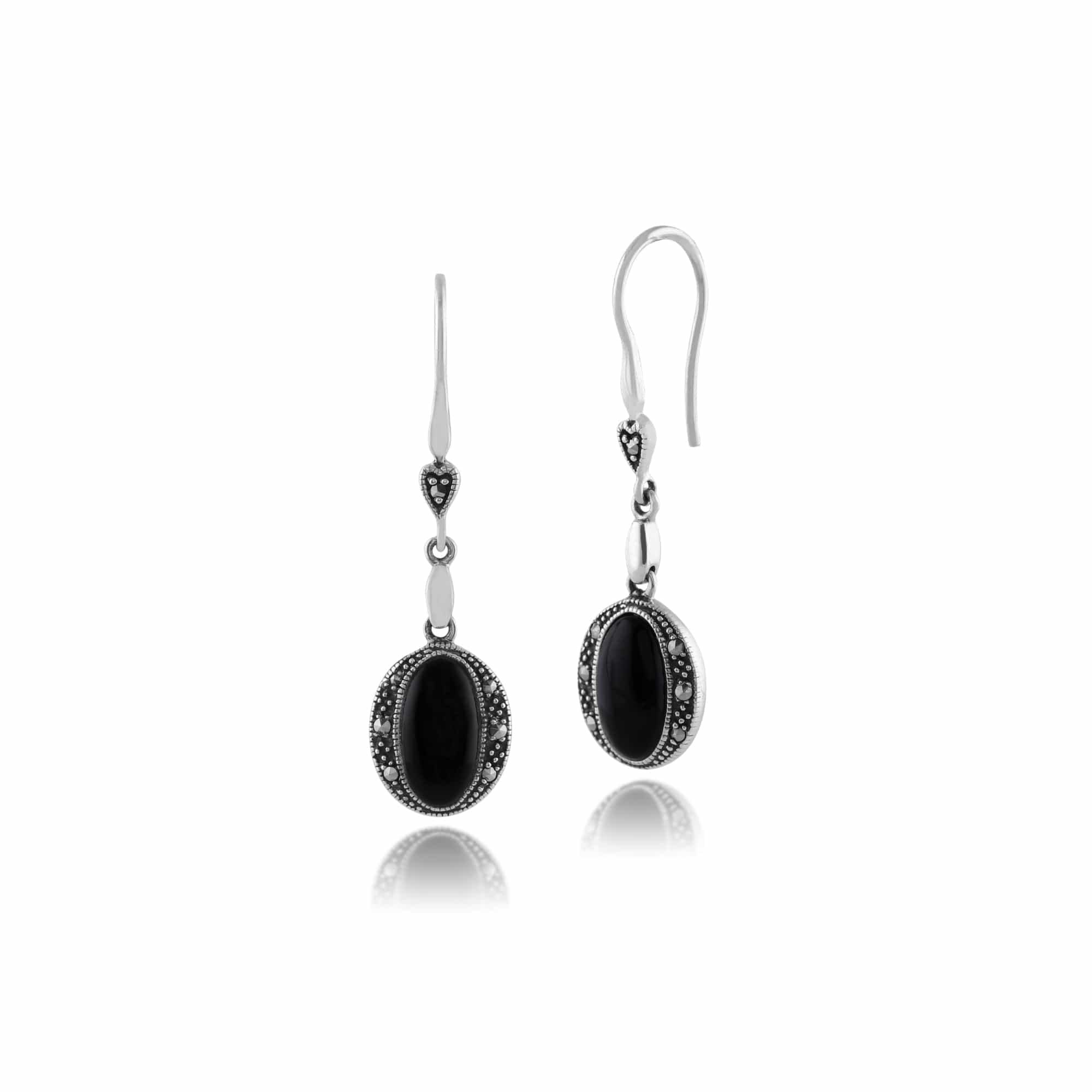 Product photograph of Art Deco Style Oval Black Onyx Marcasite Drop Earrings In 925 Sterling Silver from Gemondo Jewellery