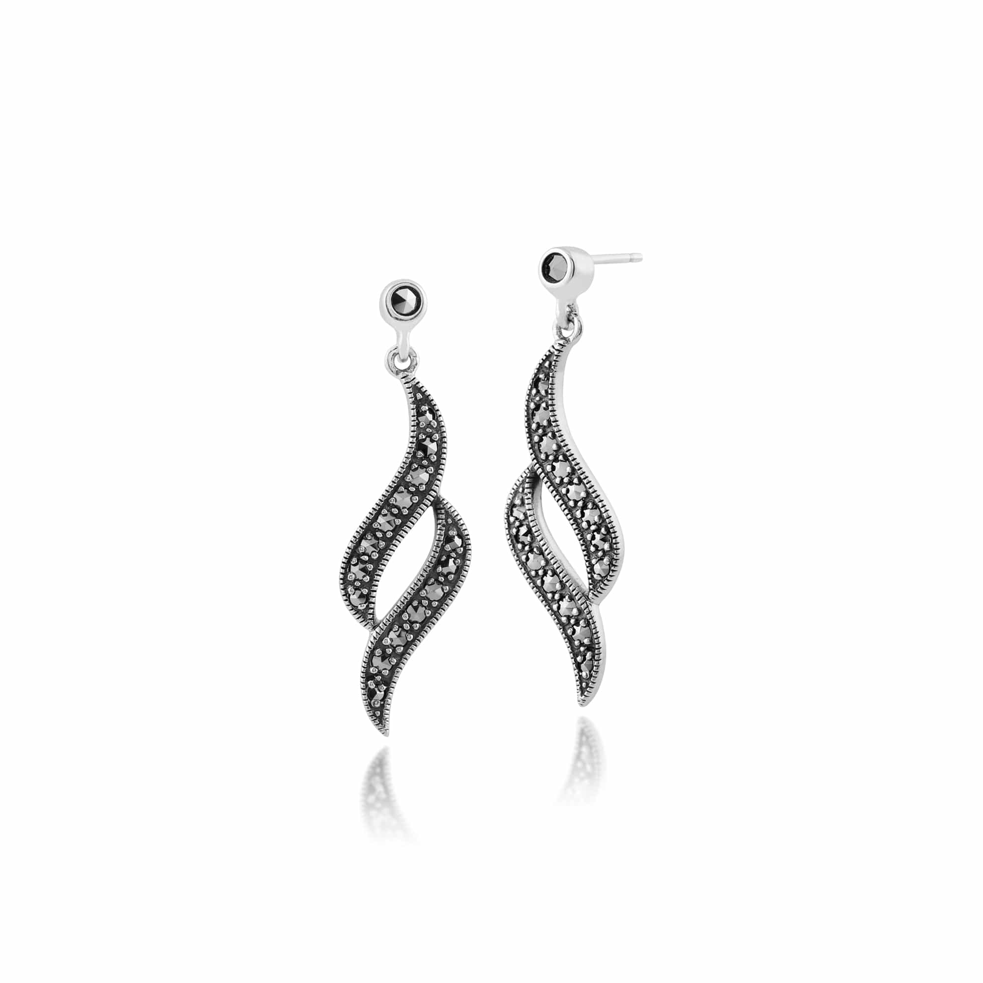 Product photograph of Art Nouveau Style Round Marcasite Swirl Drop Earrings In 925 Sterling Silver from Gemondo Jewellery