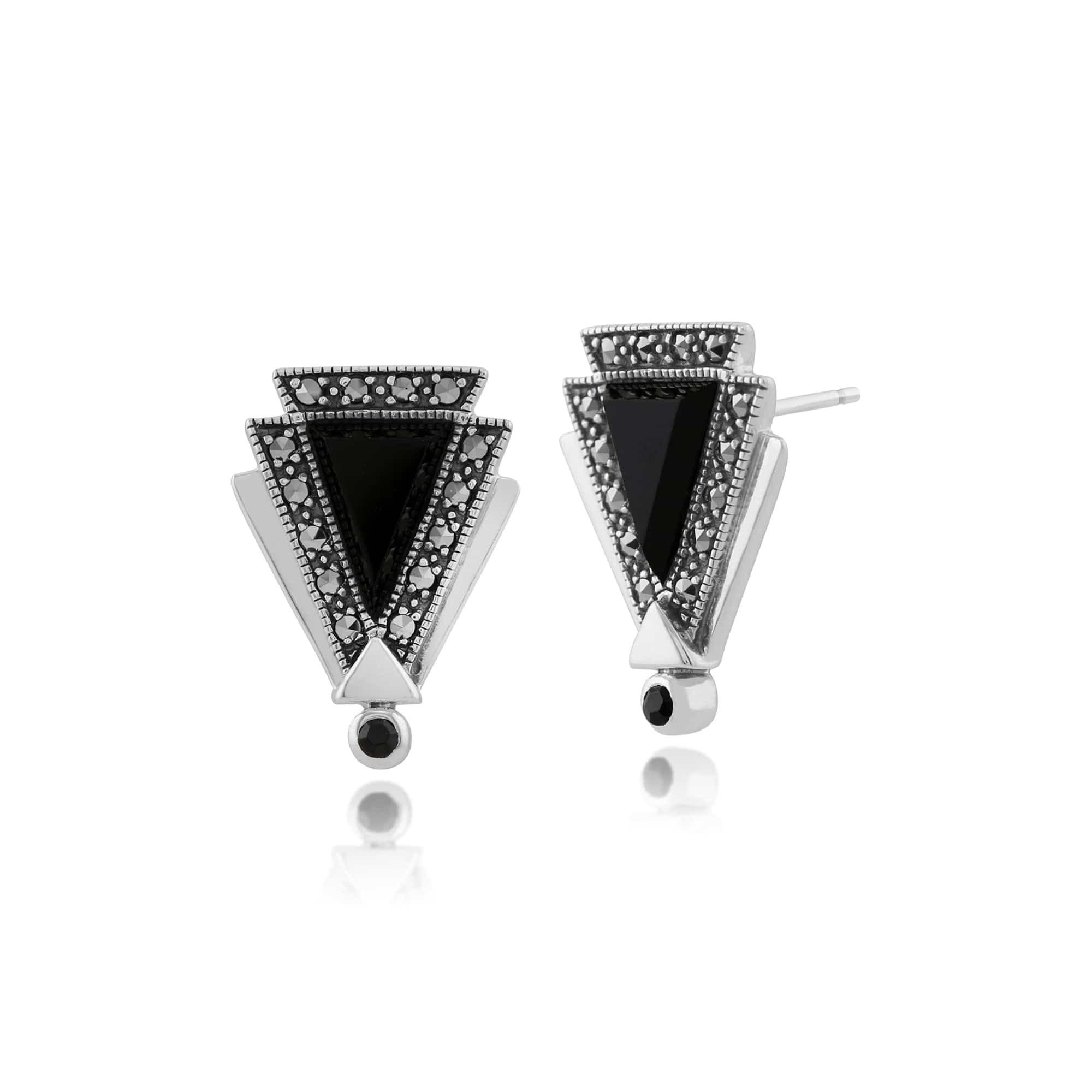 Image of Art Deco Style Black Onyx, Marcasite & Black Spinel Triangle Stud Earrings in Sterling Silver