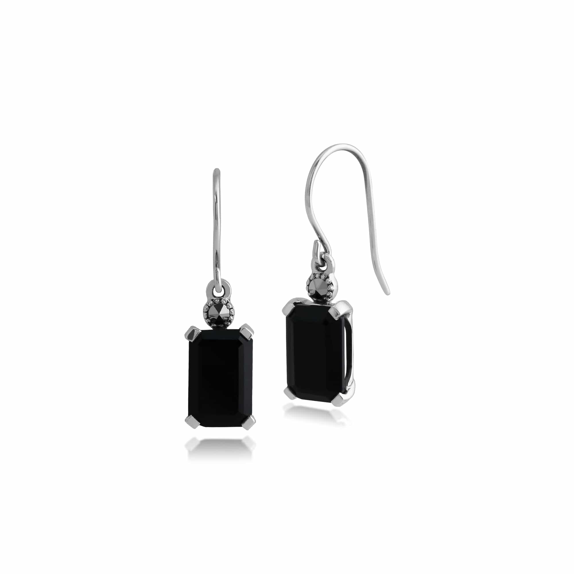 Image of Art Deco Style Octagon Black Onyx & Marcasite Drop Earrings in 925 Sterling Silver