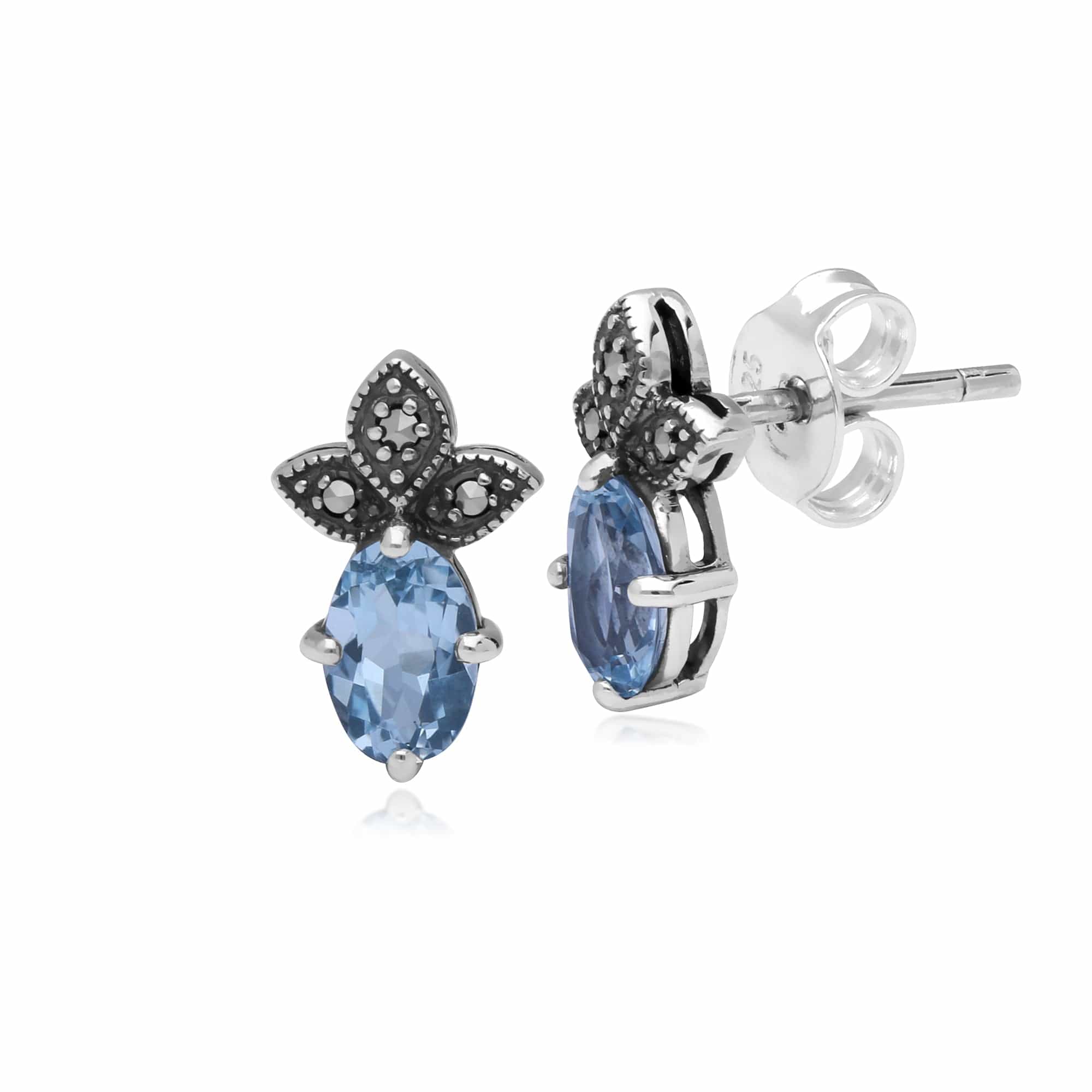 Photos - Earrings Art Deco Style Oval Blue Topaz & Marcasite Stud  In Sterling Silve