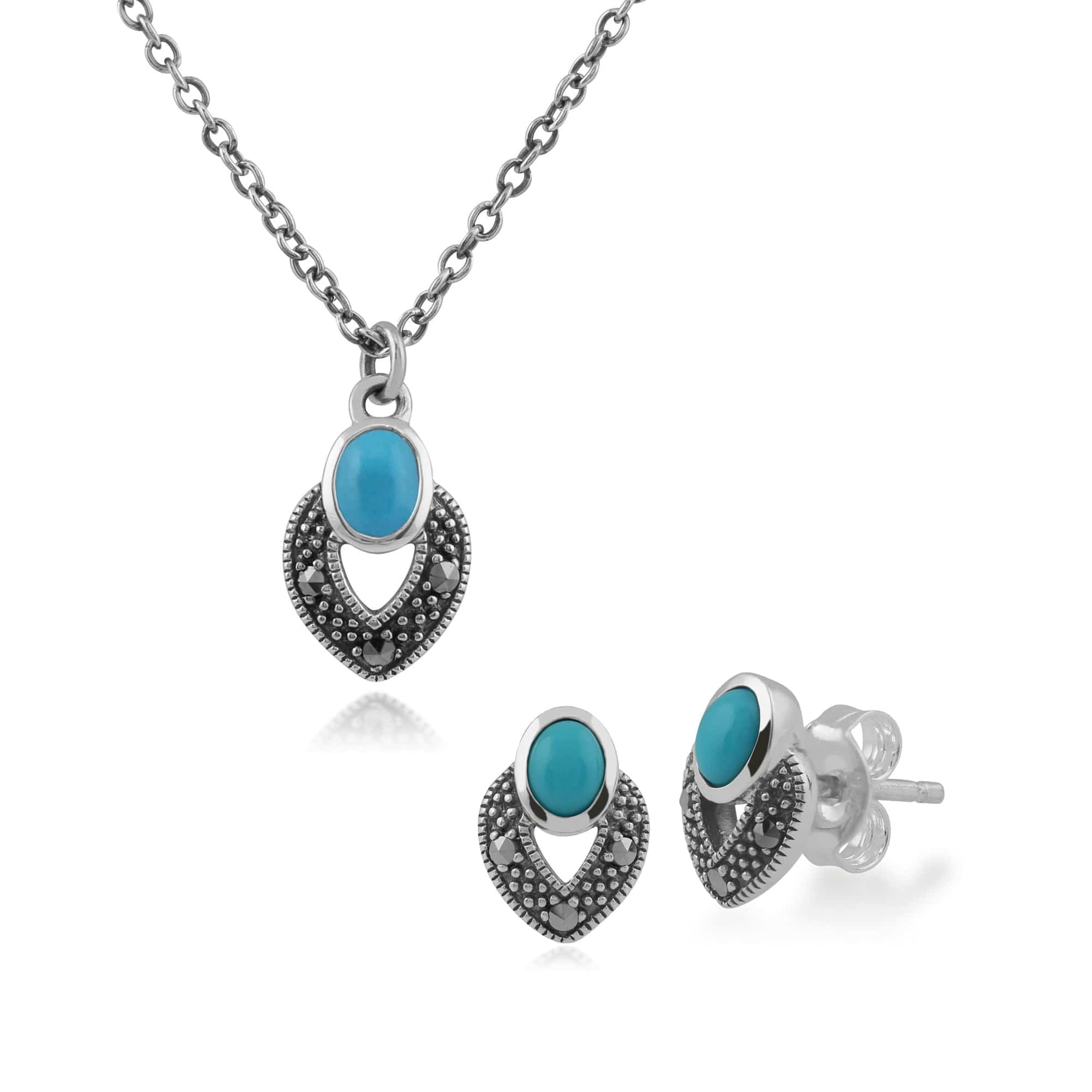 Image of Art Deco Style Oval Turquoise & Marcasite Stud Earrings & Pendant Set in Sterling Silver