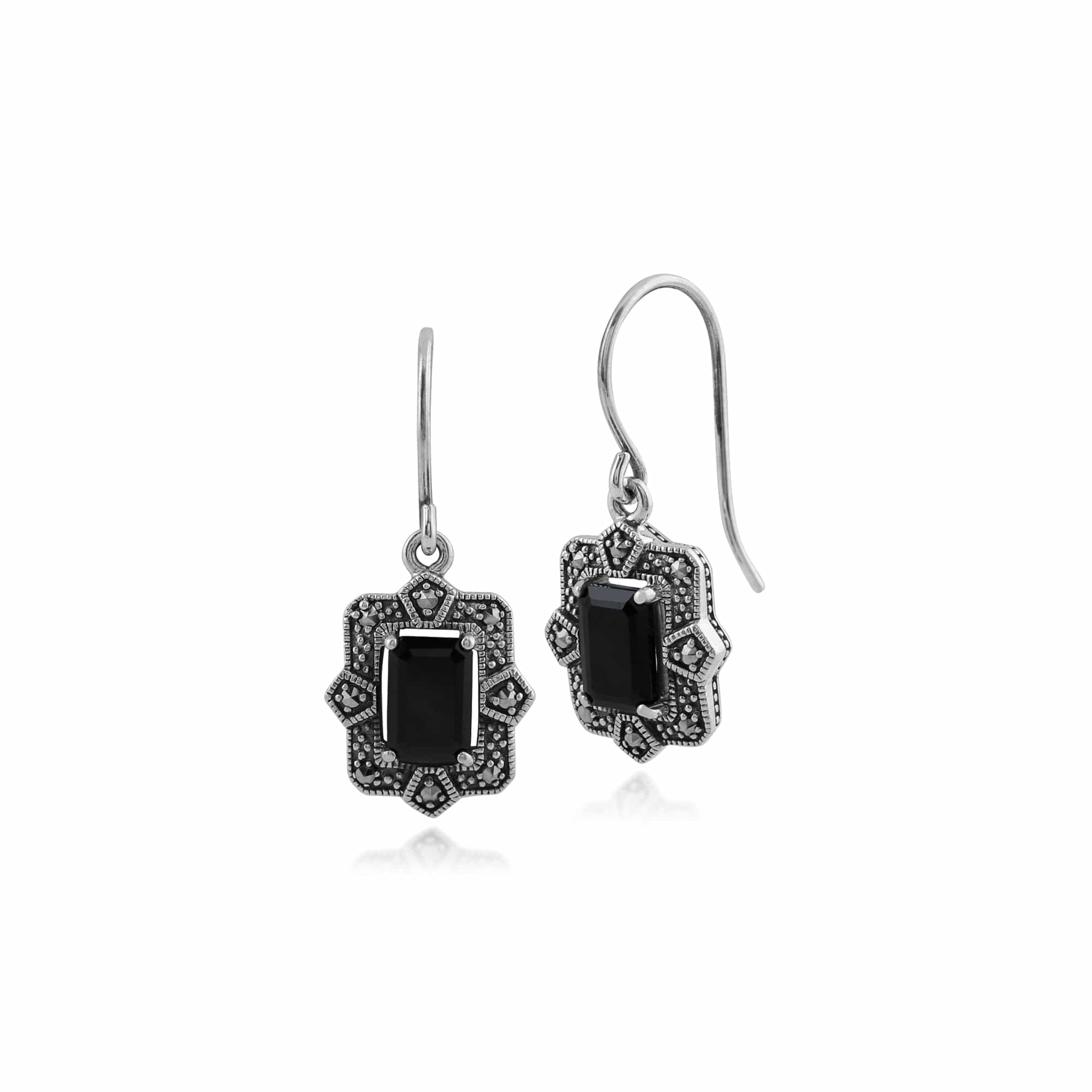 Image of Art Deco Style Black Spinel & Marcasite Drop Earrings in Silver