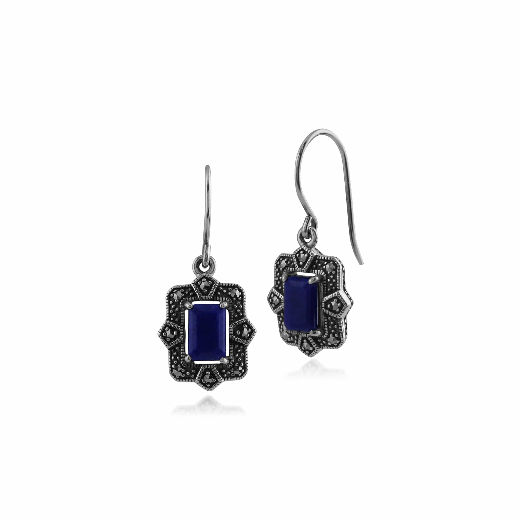 Product photograph of Art Deco Style Octagon Lapis Lazuli Marcasite Drop Earrings In 925 Sterling Silver from Gemondo Jewellery