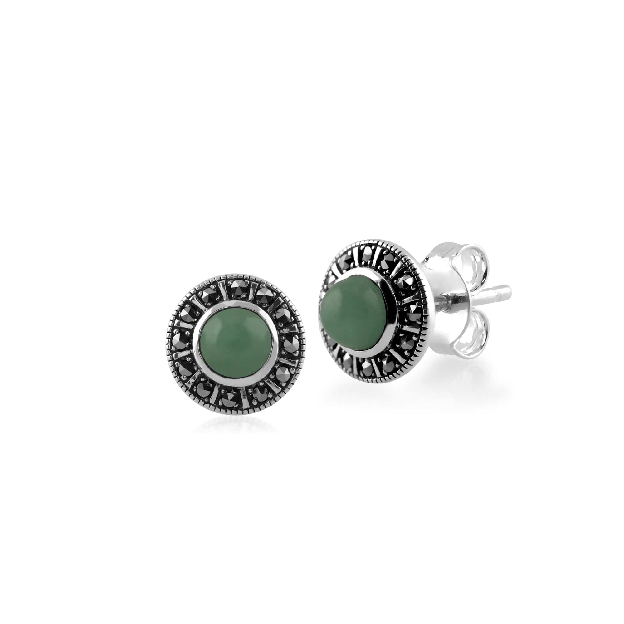 Product photograph of Art Deco Style Round Green Jade Marcasite Halo Stud Earrings In 925 Sterling Silver from Gemondo Jewellery