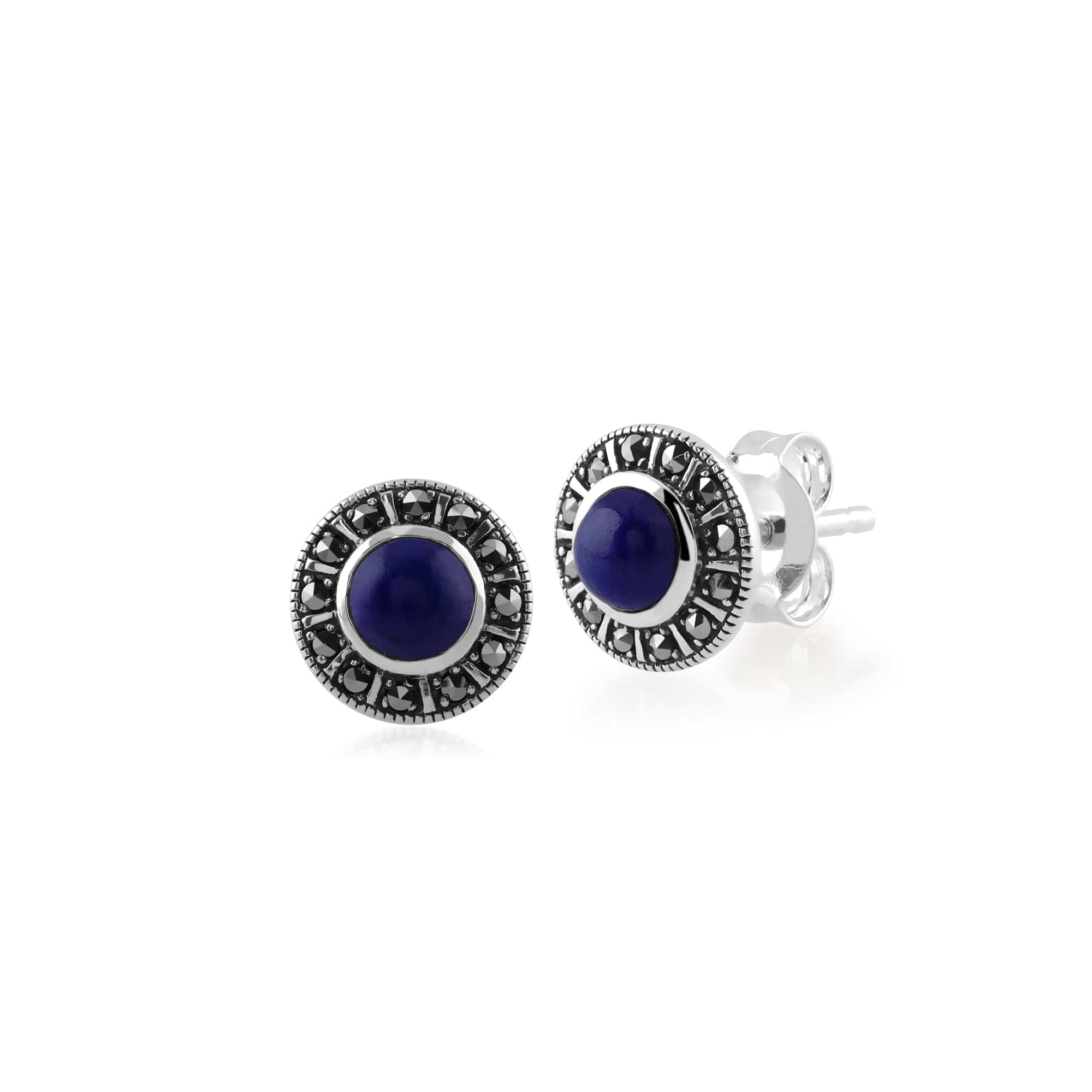 Product photograph of Art Deco Style Round Lapis Lazuli Marcasite Halo Stud Earrings In 925 Sterling Silver from Gemondo Jewellery