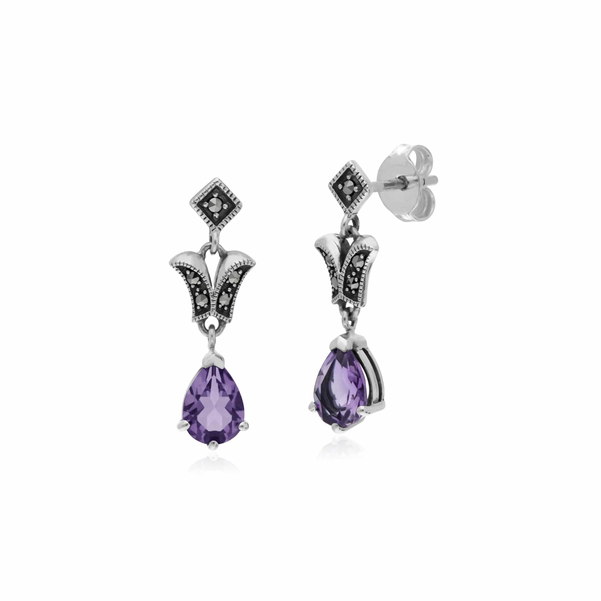 Product photograph of Art Nouveau Style Pear Amethyst Marcasite Drop Earrings In 925 Sterling Silver from Gemondo Jewellery