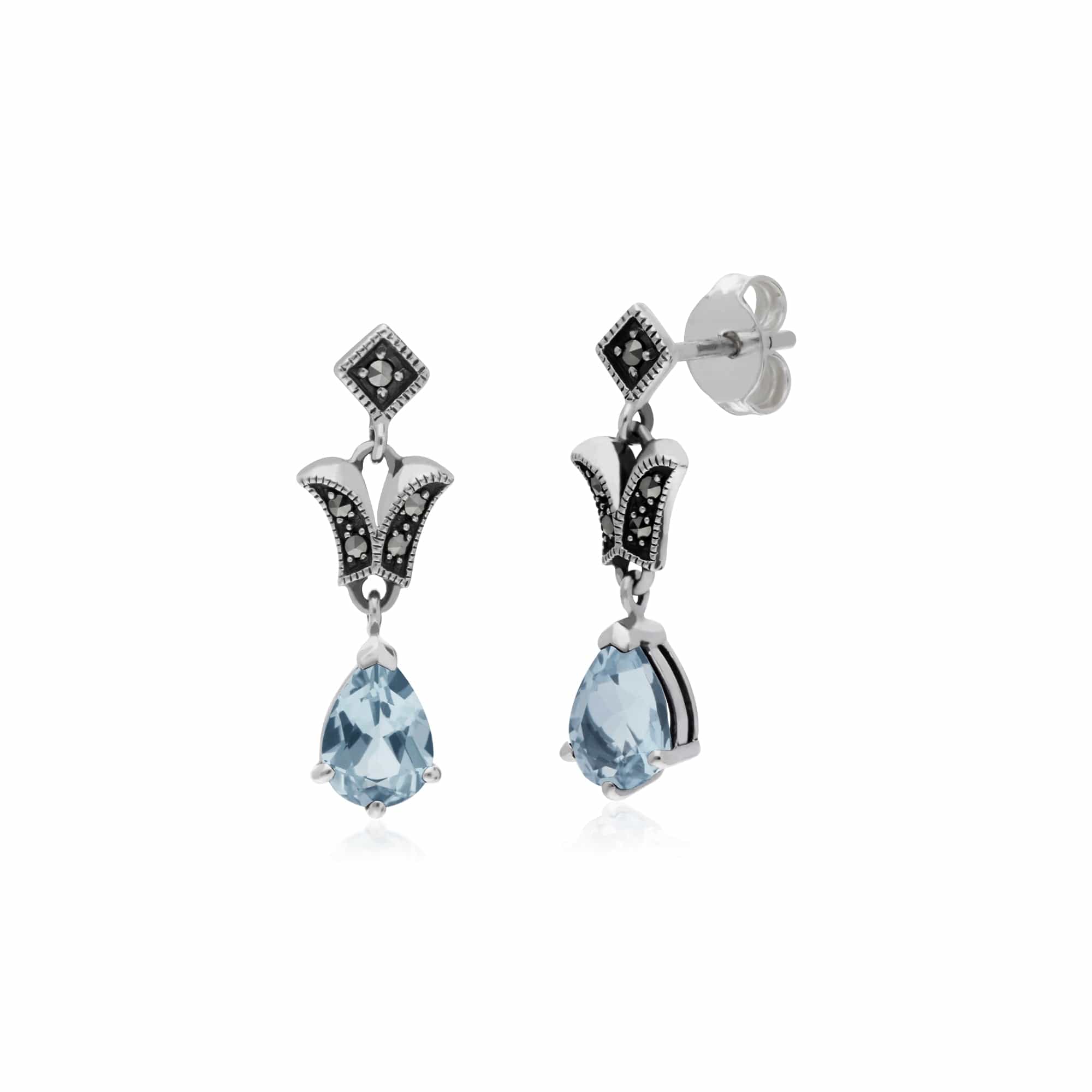 Product photograph of Art Nouveau Style Pear Blue Topaz Marcasite Drop Earrings In 925 Sterling Silver from Gemondo Jewellery
