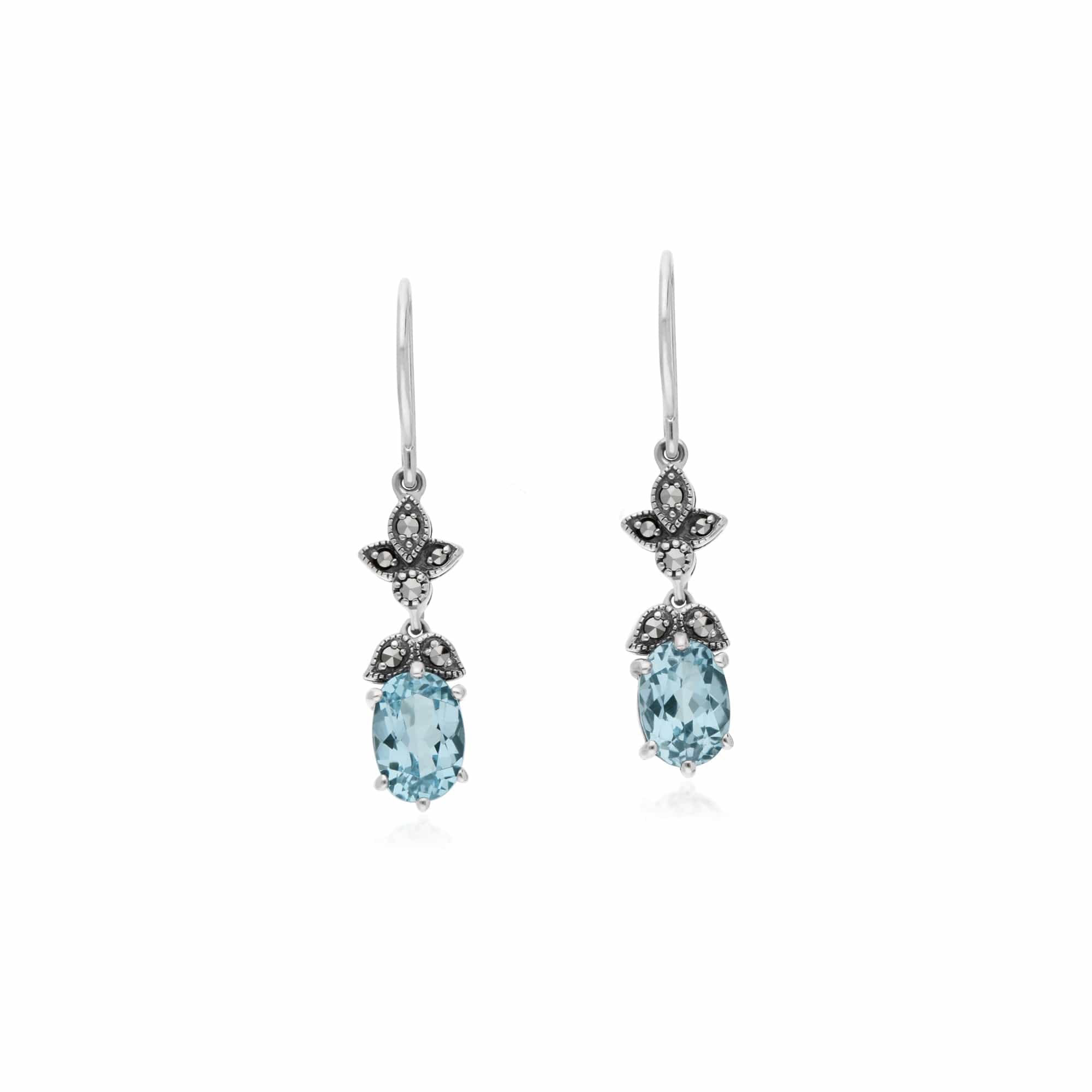 Product photograph of Art Nouveau Style Oval Blue Topaz Marcasite Drop Earrings In 925 Sterling Silver from Gemondo Jewellery