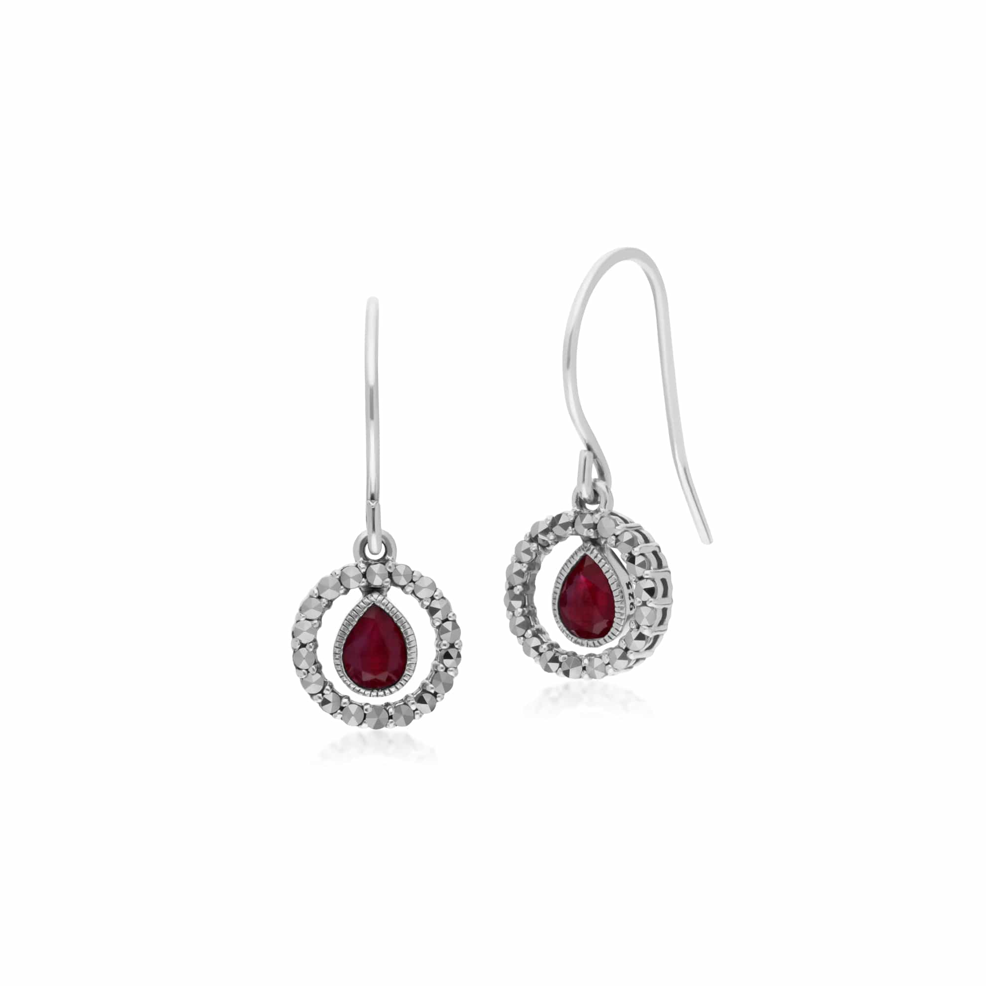 Product photograph of Classic Pear Ruby Marcasite Round Halo Drop Earrings In 925 Sterling Silver from Gemondo Jewellery