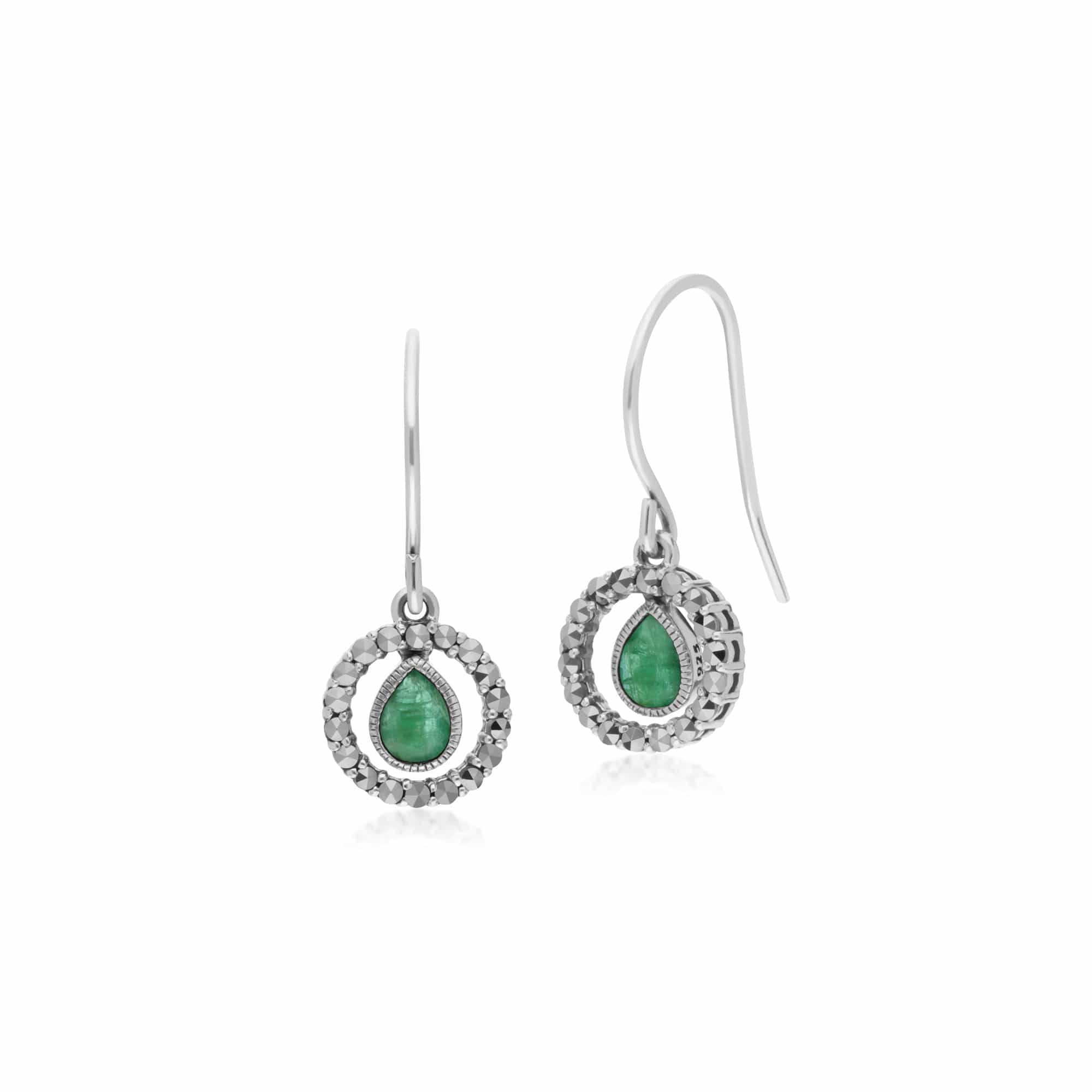 Product photograph of Classic Pear Emerald Marcasite Round Halo Drop Earrings In 925 Sterling Silver from Gemondo Jewellery