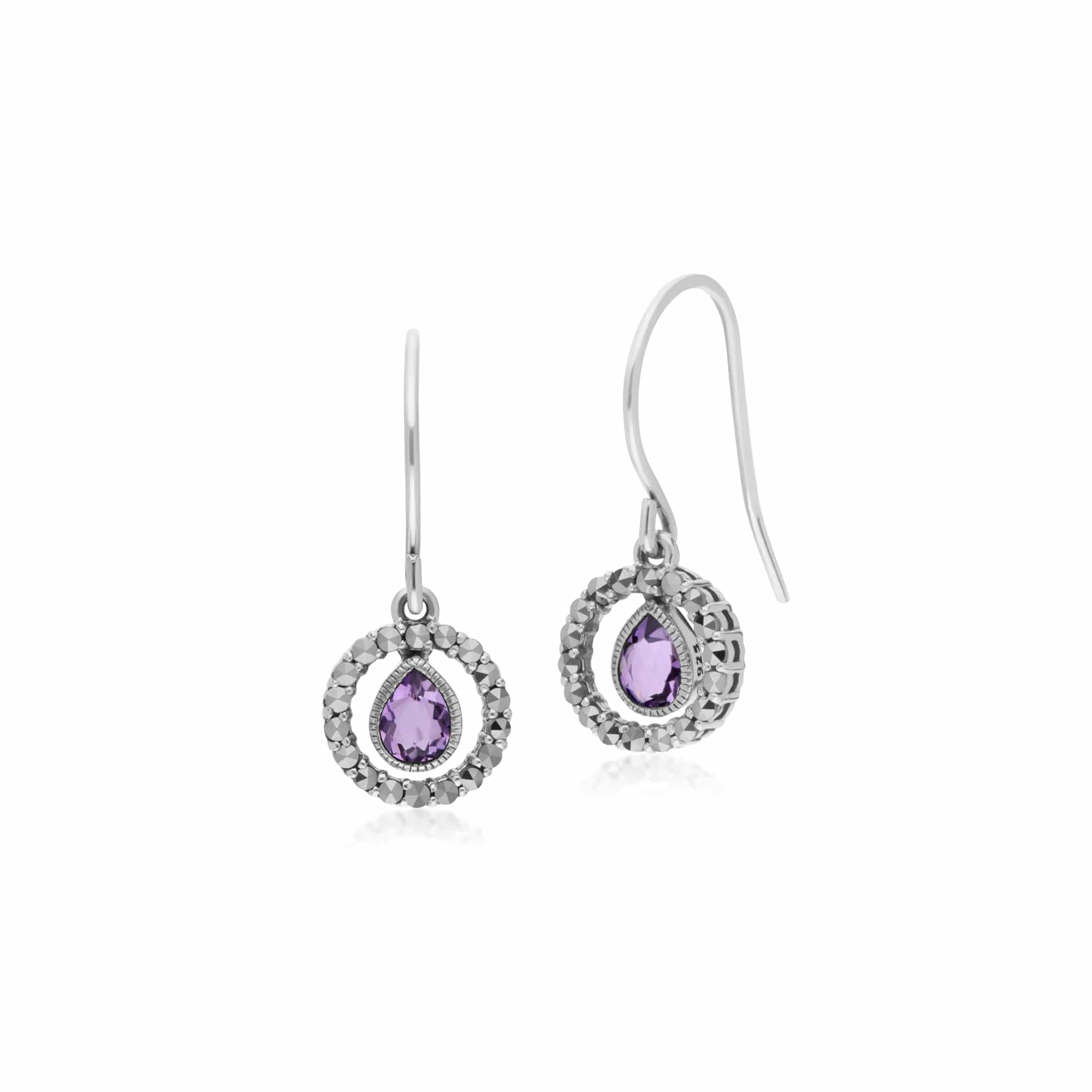 Product photograph of Classic Pear Amethyst Marcasite Round Halo Drop Earrings In Sterling Silver from Gemondo Jewellery