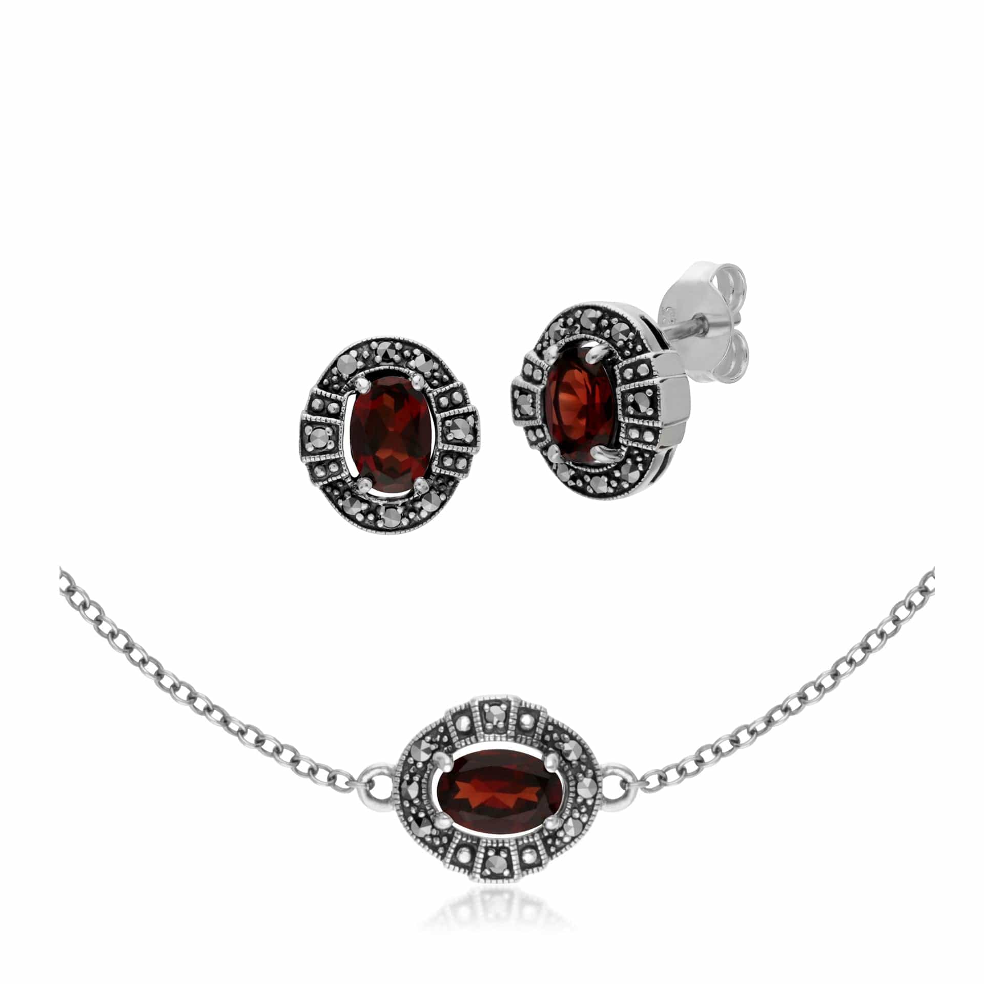 Product photograph of Art Deco Style Oval Garnet And Marcasite Cluster Stud Earrings Bracelet Set In 925 Sterling Silver from Gemondo Jewellery