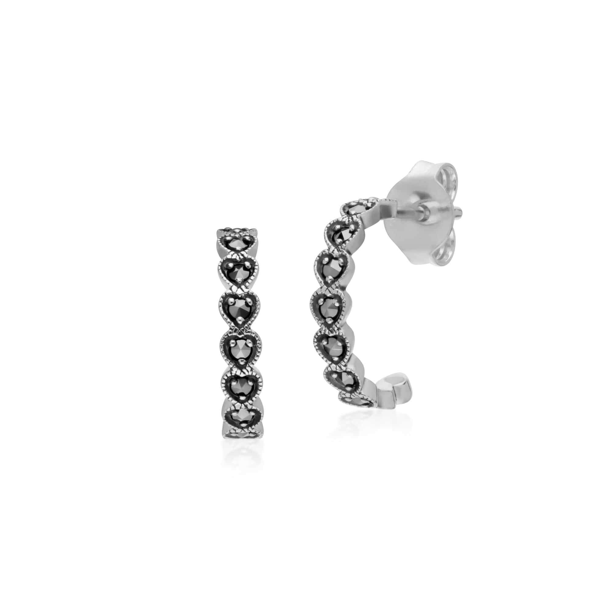 Product photograph of Geometric Heart Marcasite Half Hoop Earrings In 925 Sterling Silver from Gemondo Jewellery