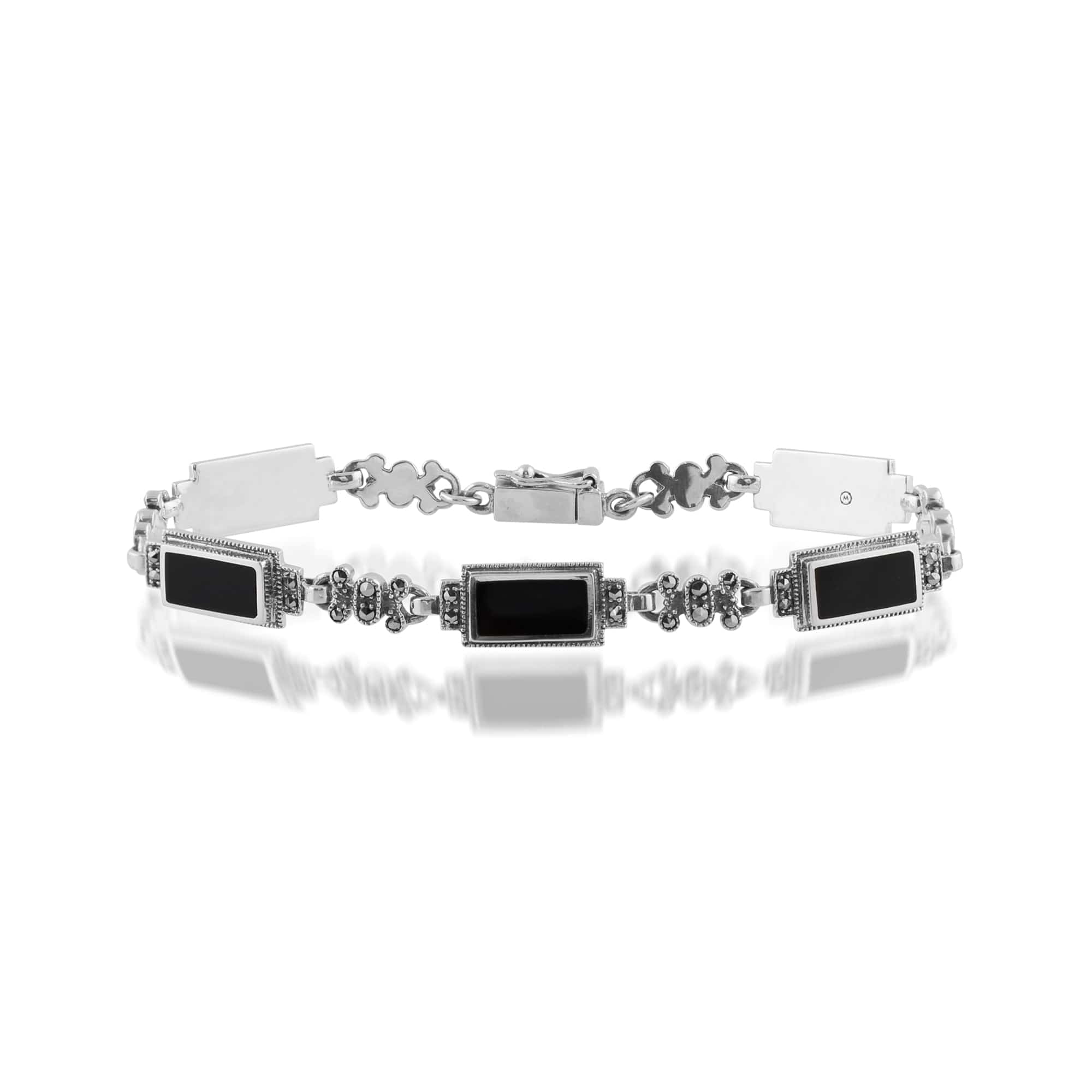 Image of Art Deco Style Rectangle Black Onyx & Marcasite Bracelet