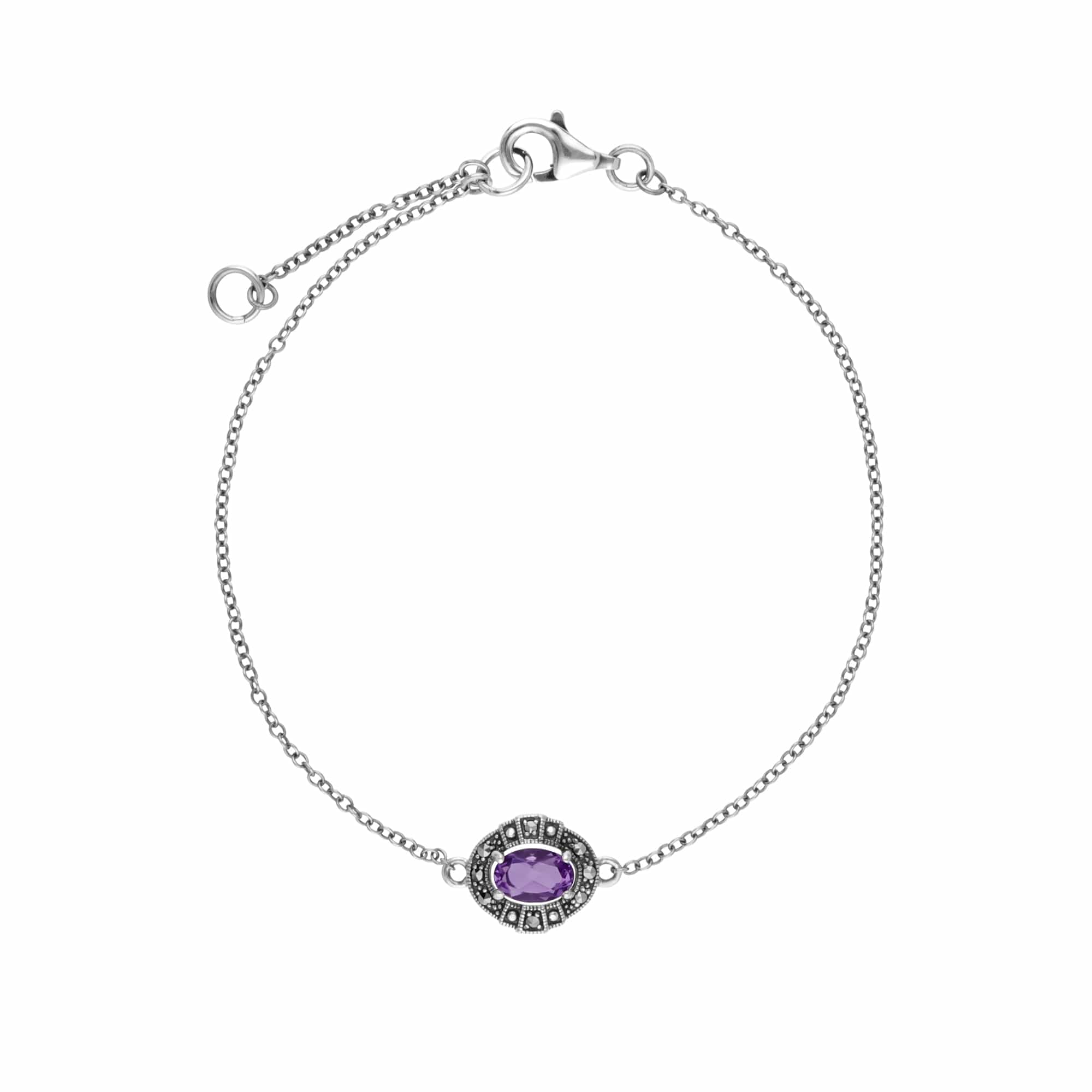 Product photograph of Art Deco Style Oval Amethyst Marcasite Cluster Bracelet from Gemondo Jewellery