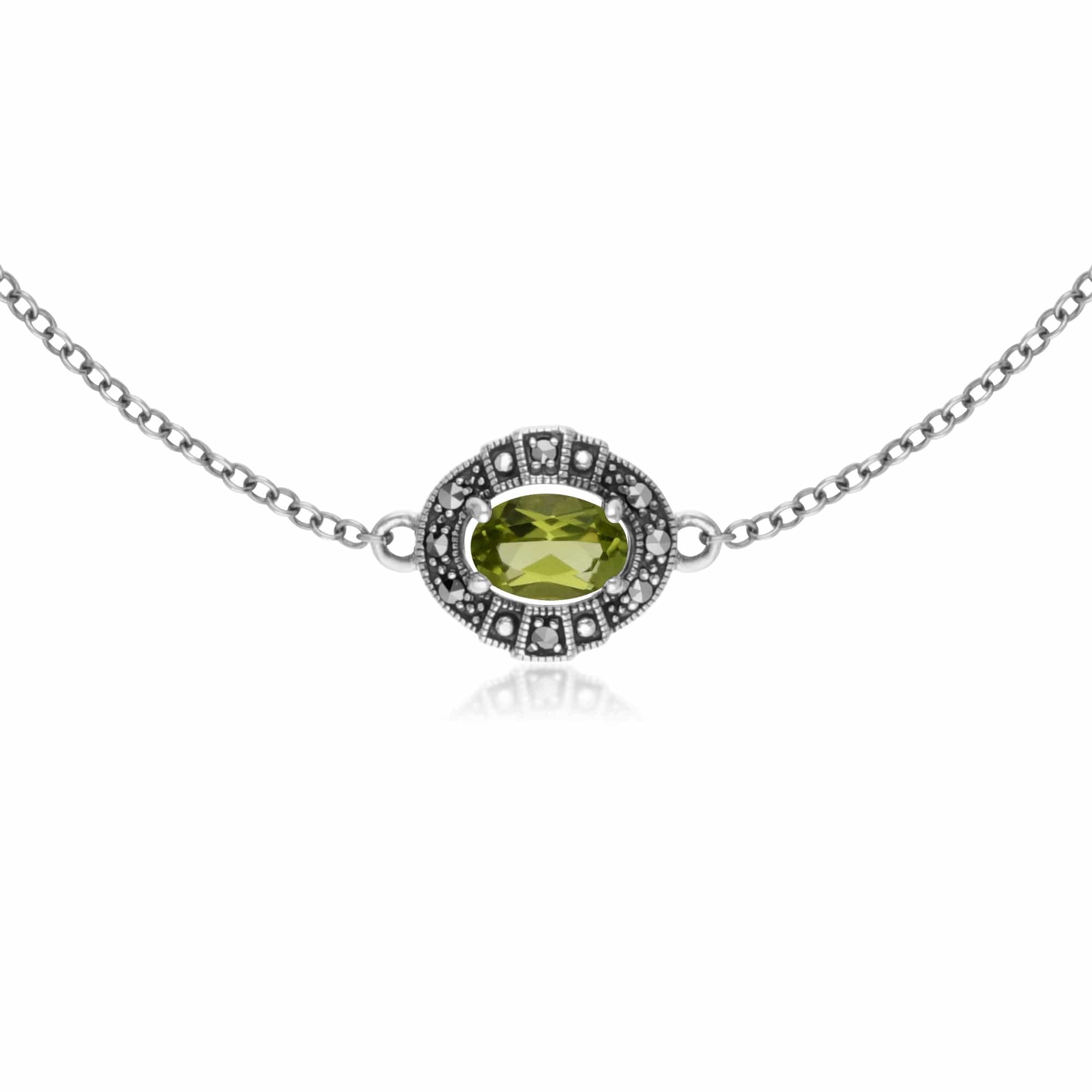 Image of Art Deco Style Oval Peridot & Marcasite Cluster Bracelet in 925 Sterling Silver