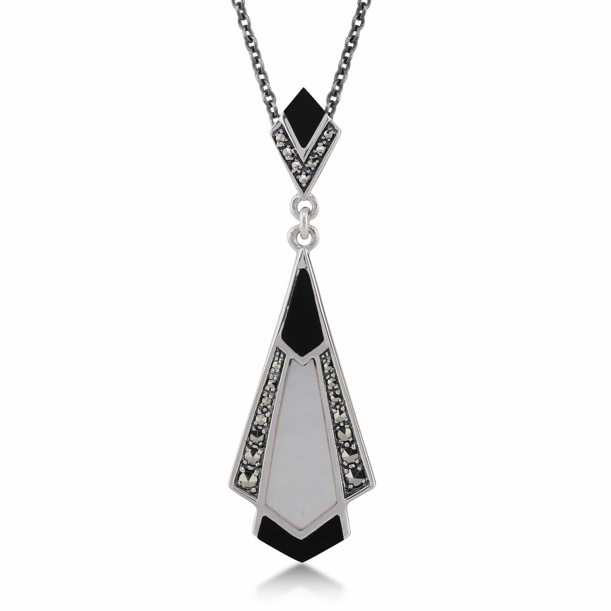 Product photograph of Art Deco Style Cabochon Black Onyx Mother Of Pearl Marcasite Pendant In 925 Sterling Silver from Gemondo Jewellery