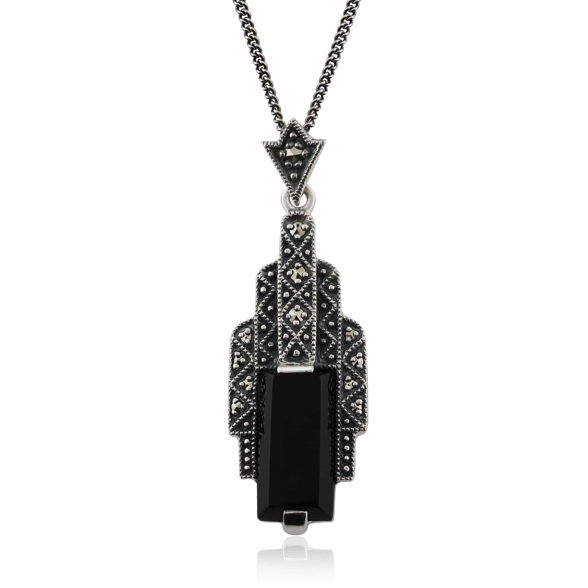 Product photograph of Art Deco Style Rectangle Black Onyx Cabochon Marcasite Necklace In Sterling Silver from Gemondo Jewellery