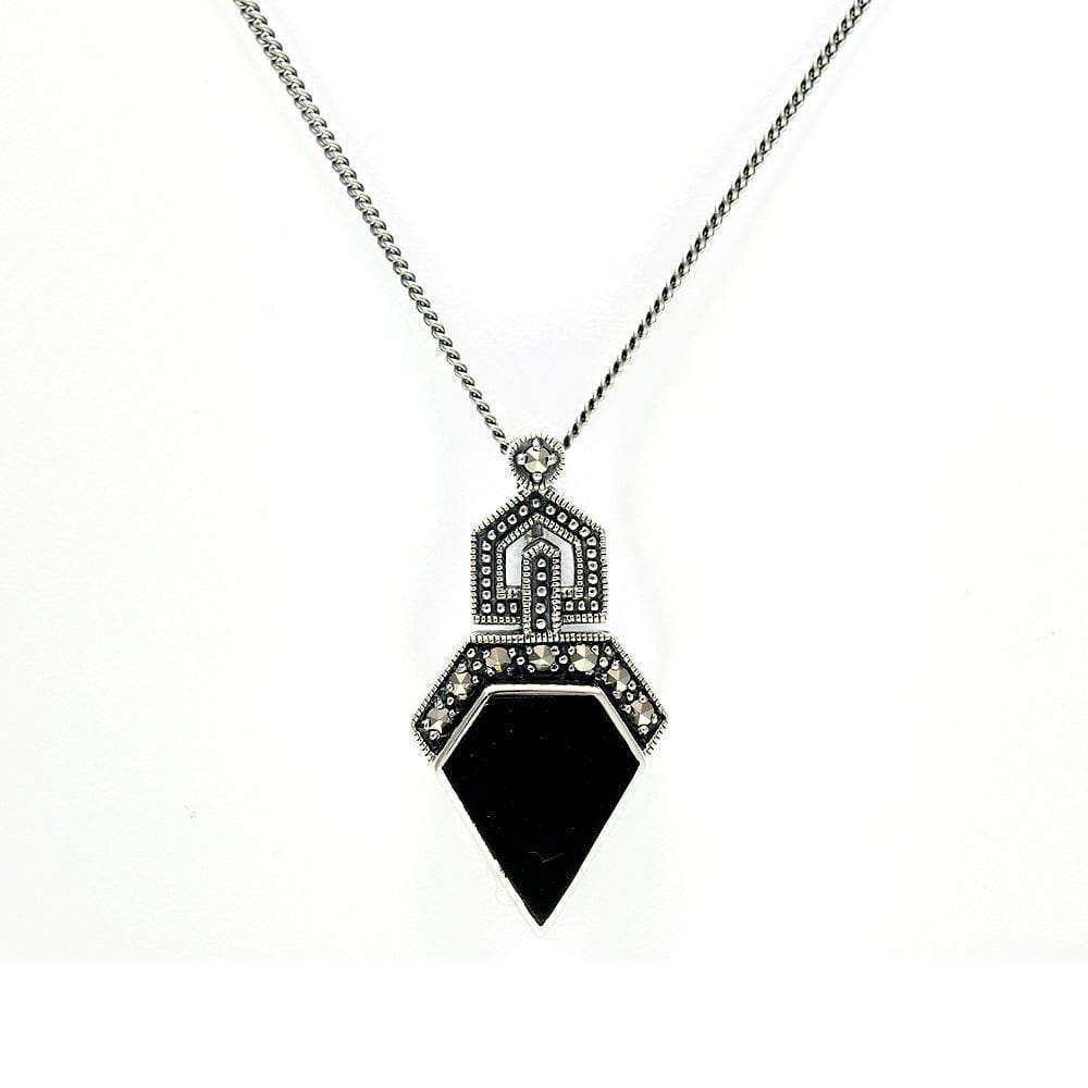 Product photograph of Art Deco Style Irregular Cut Onyx And Marcasite Pendant In 925 Sterling Silver from Gemondo Jewellery