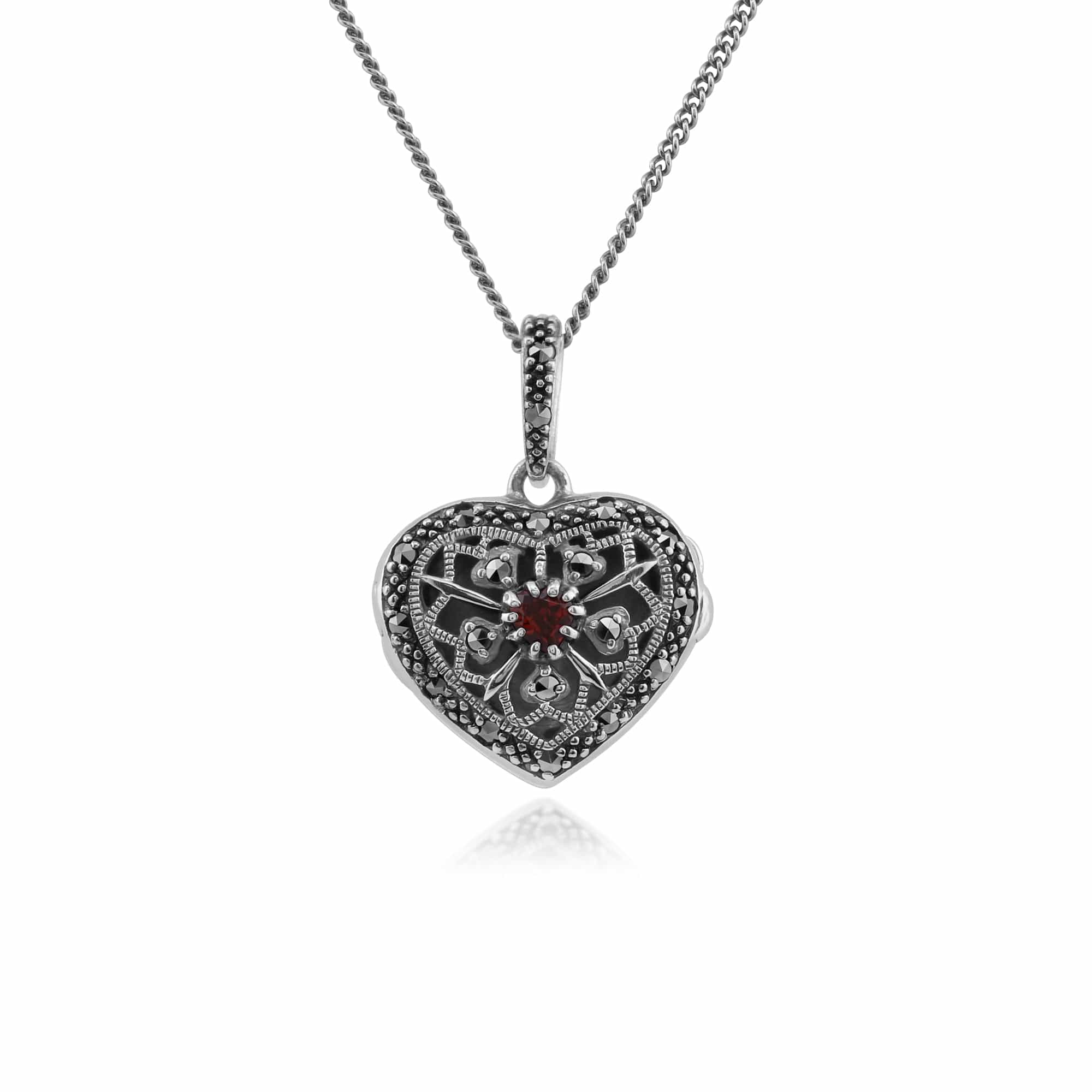 Product photograph of Art Nouveau Style Round Garnet Marcasite Heart Necklace In 925 Sterling Silver from Gemondo Jewellery