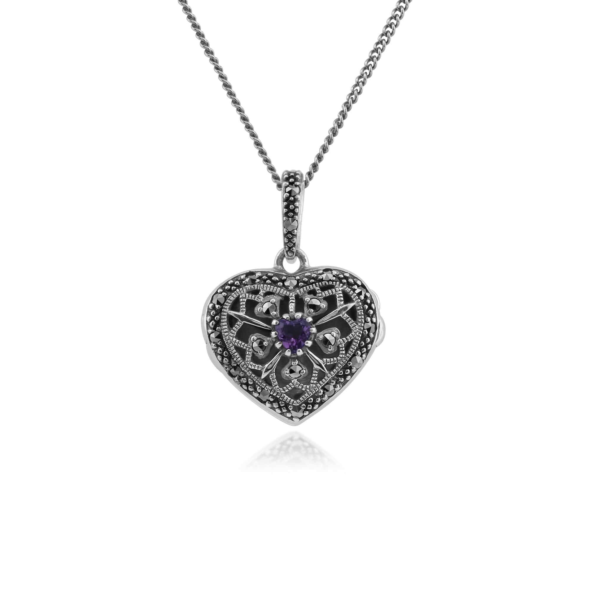 Product photograph of Art Nouveau Style Round Amethyst Marcasite Heart Necklace In 925 Sterling Silver from Gemondo Jewellery