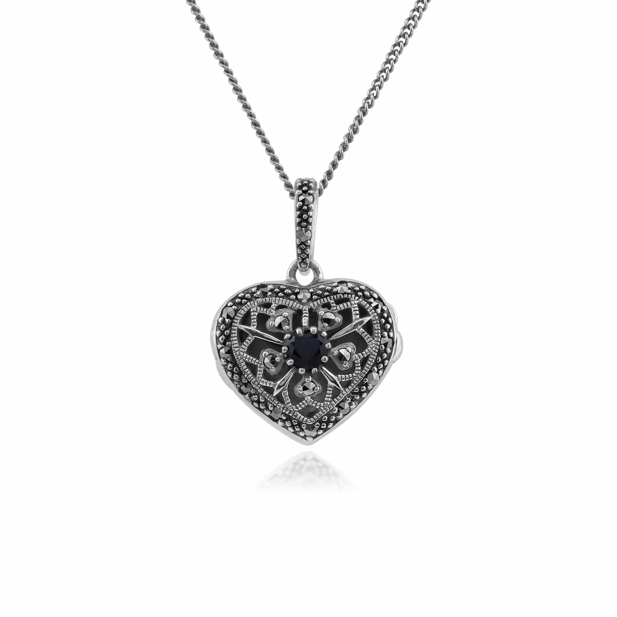 Product photograph of Art Nouveau Style Round Sapphire Marcasite Heart Necklace In 925 Sterling Silver from Gemondo Jewellery