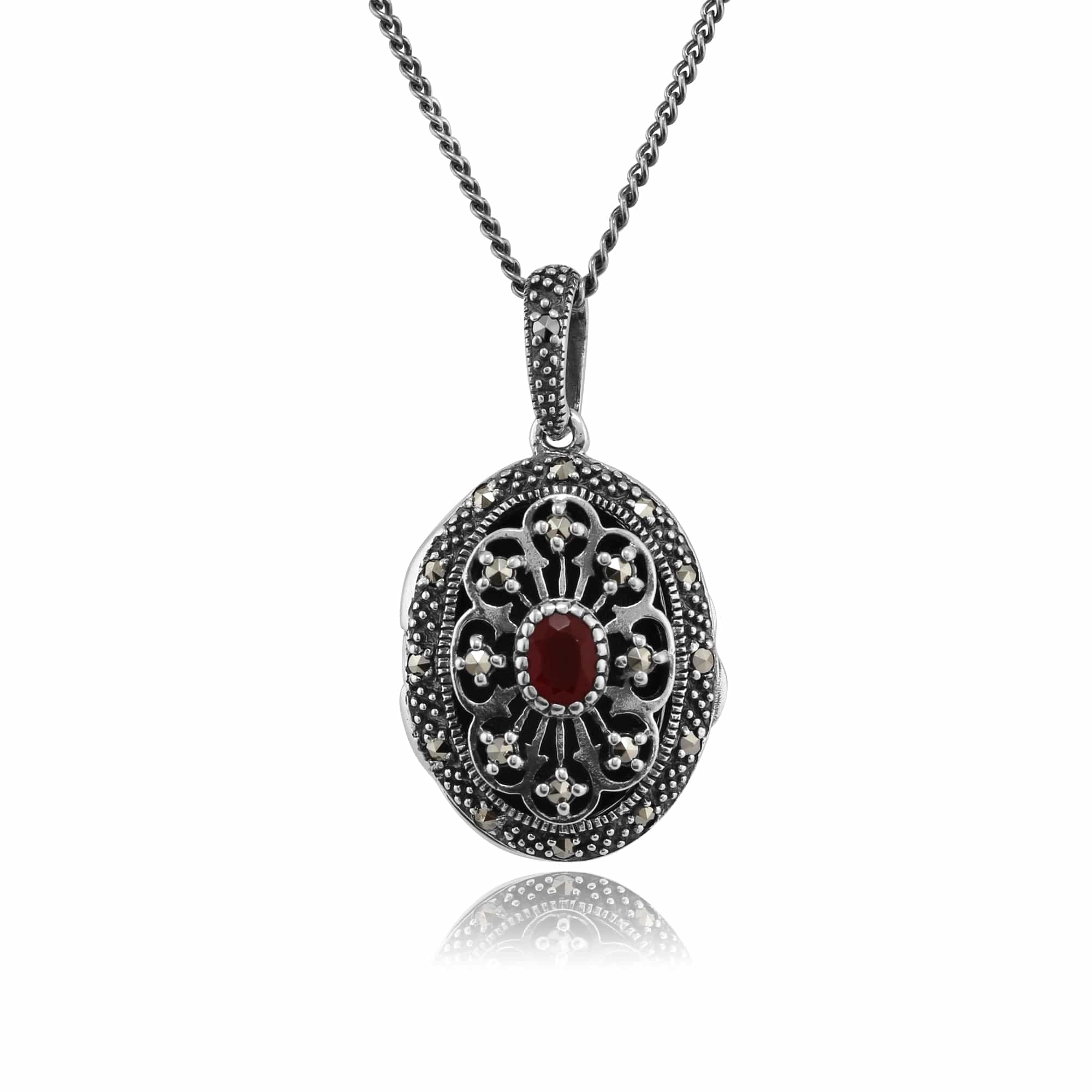 Product photograph of Victorian Style Oval Cornelian Marcasite Locket On Chain In Sterling Silver from Gemondo Jewellery