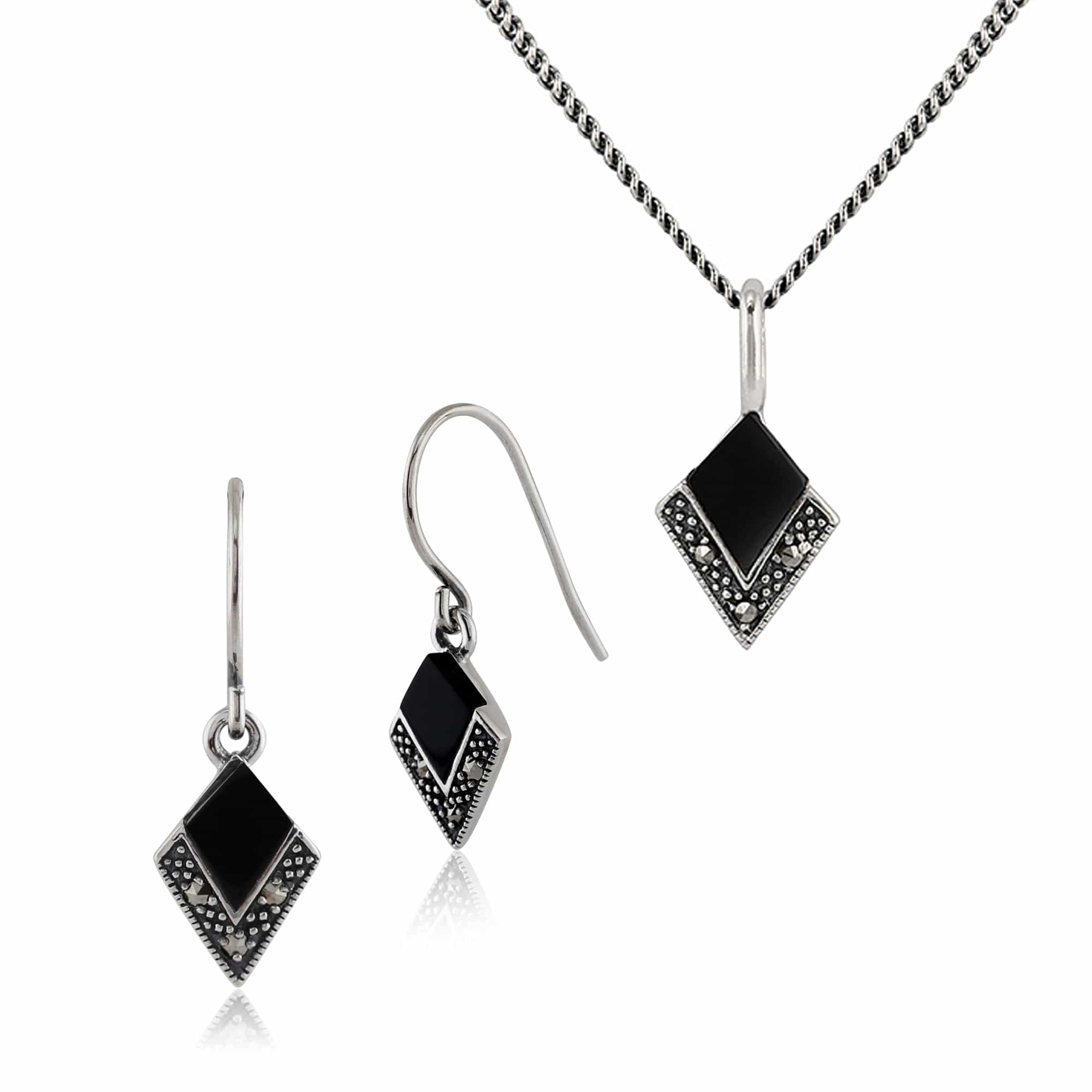 Image of Art Deco Style Style Black Onyx & Round Marcasite Kite Drop Earrings & Pendant Set in 925 Sterling Silver