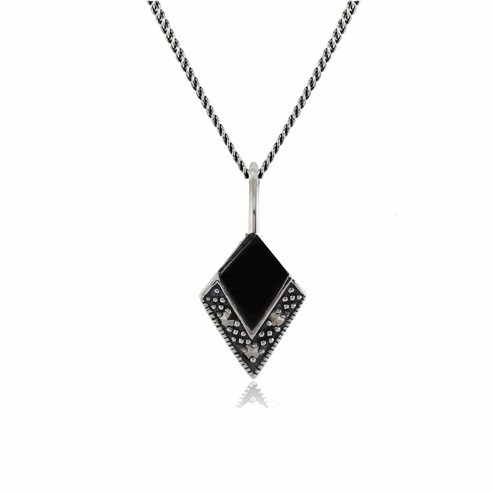 Product photograph of Art Deco Style Cabochon Black Onyx Marcasite Pendant In 925 Sterling Silver from Gemondo Jewellery