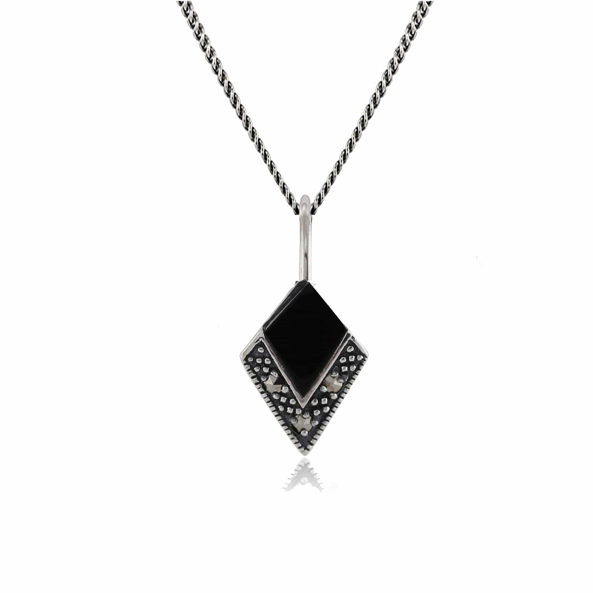Image of Art Deco Style Cabochon Black Onyx & Marcasite Pendant in 925 Sterling Silver