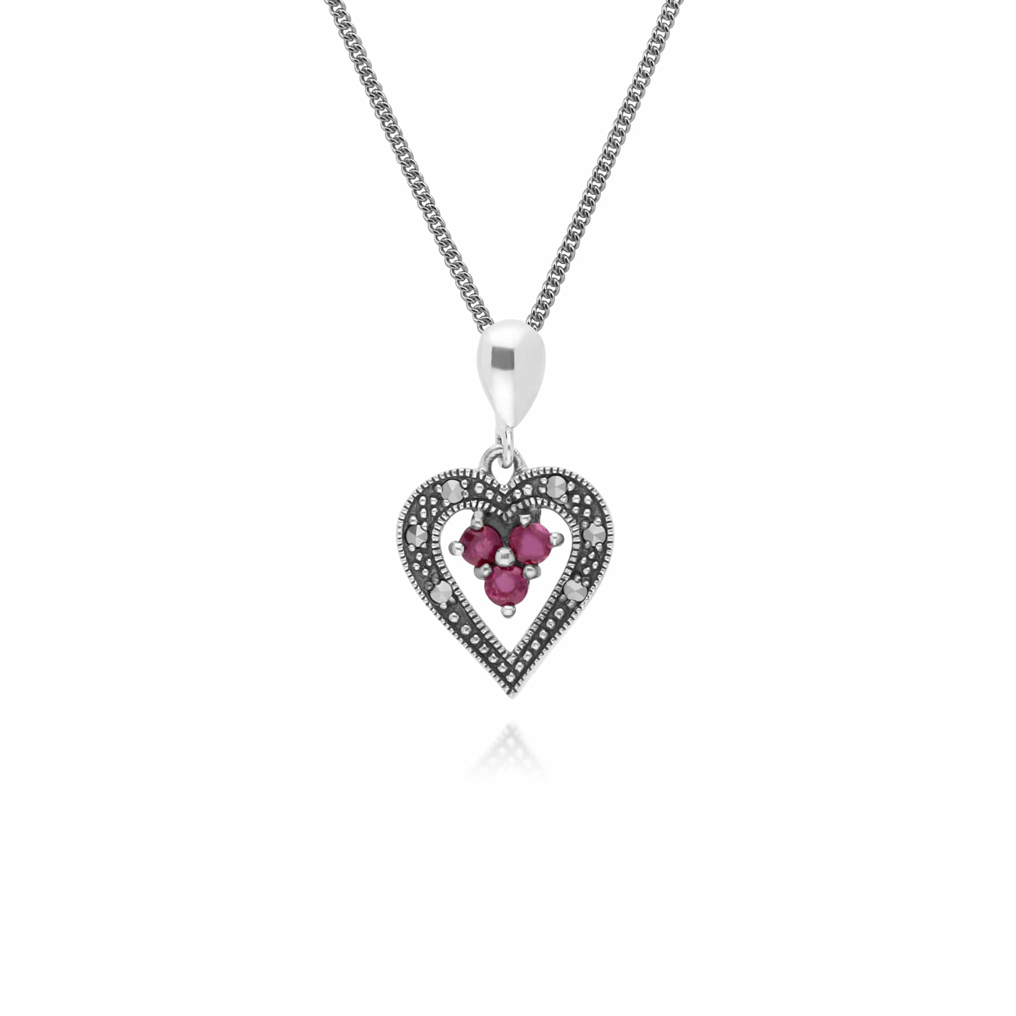 Image of Art Deco Style Round Ruby & Marcasite Heart Pendant in 925 Sterling Silver