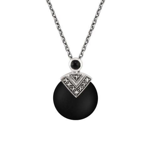 Product photograph of Art Deco Style Round Black Onyx Marcasite Pendant In 925 Sterling Silver from Gemondo Jewellery