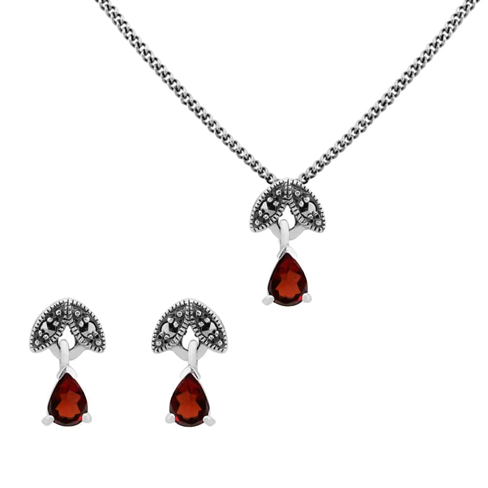 Image of Art Deco Style Style Pear Garnet & Marcasite Leaf Stud Earrings & Pendant Set in 925 Sterling Silver