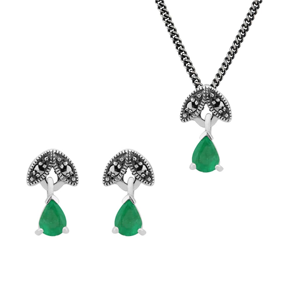 Product photograph of Art Deco Style Style Pear Emerald Marcasite Leaf Stud Earrings Pendant Set In 925 Sterling Silver from Gemondo Jewellery