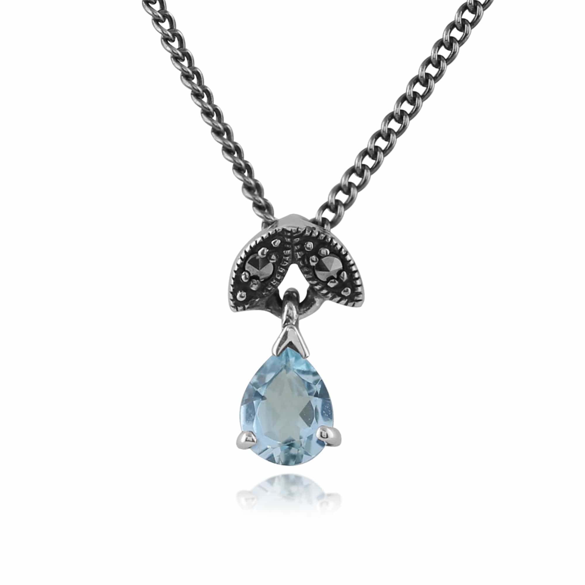 Product photograph of Art Nouveau Style Pear Aquamarine Marcasite Pendant In 925 Sterling Silver from Gemondo Jewellery