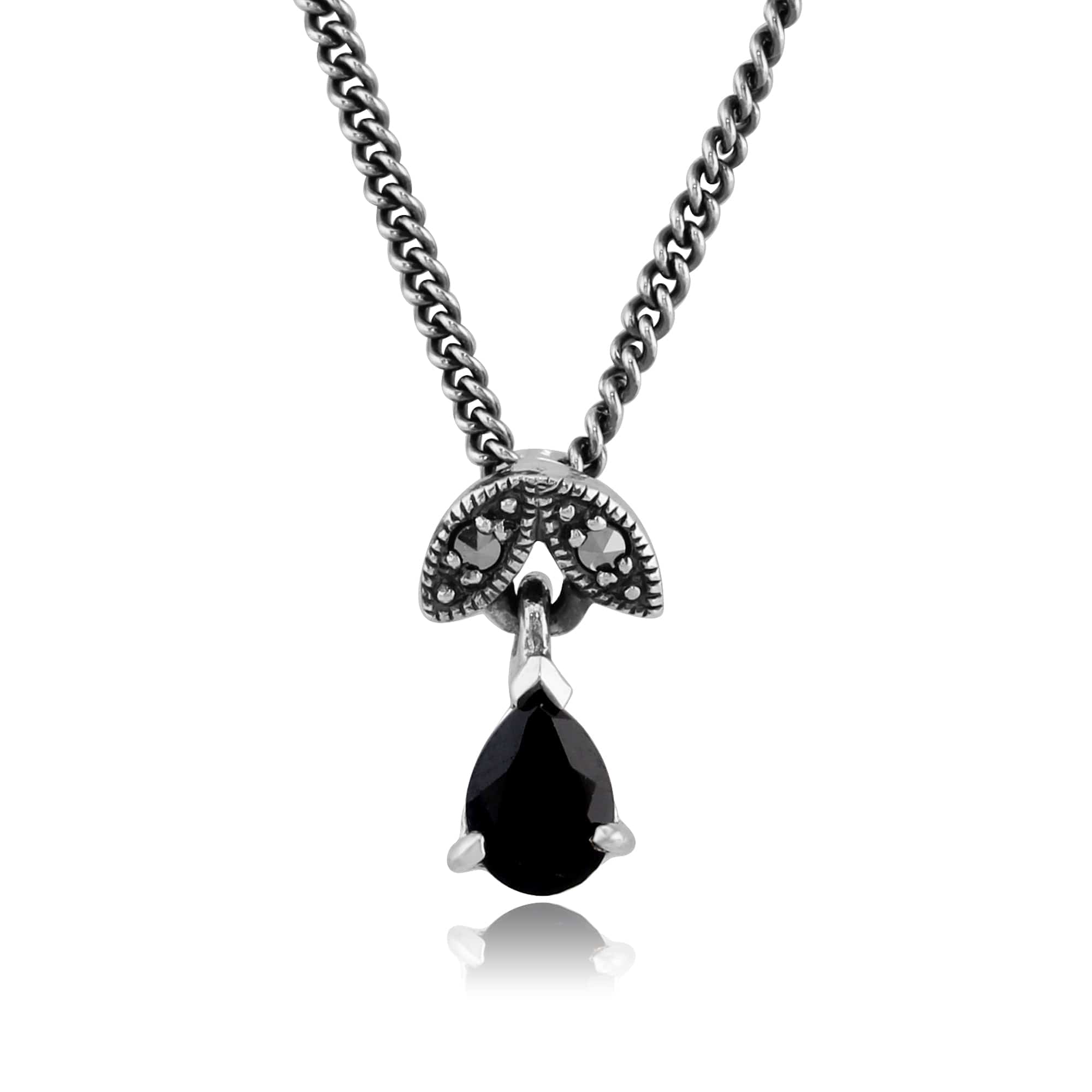 Product photograph of Art Nouveau Style Pear Sapphire Marcasite Pendant In 925 Sterling Silver from Gemondo Jewellery