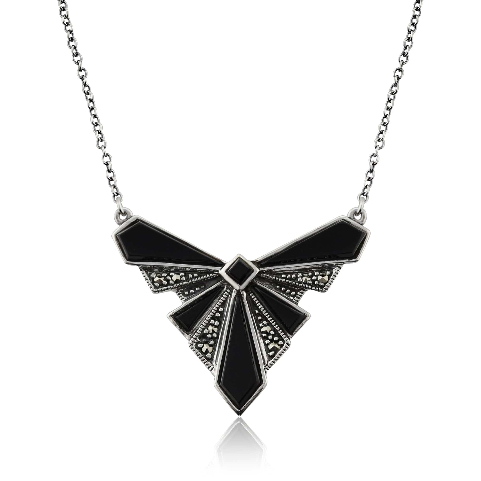 Product photograph of Art Deco Style Black Onyx Cabochon Marcasite Necklace In 925 Sterling Silver from Gemondo Jewellery