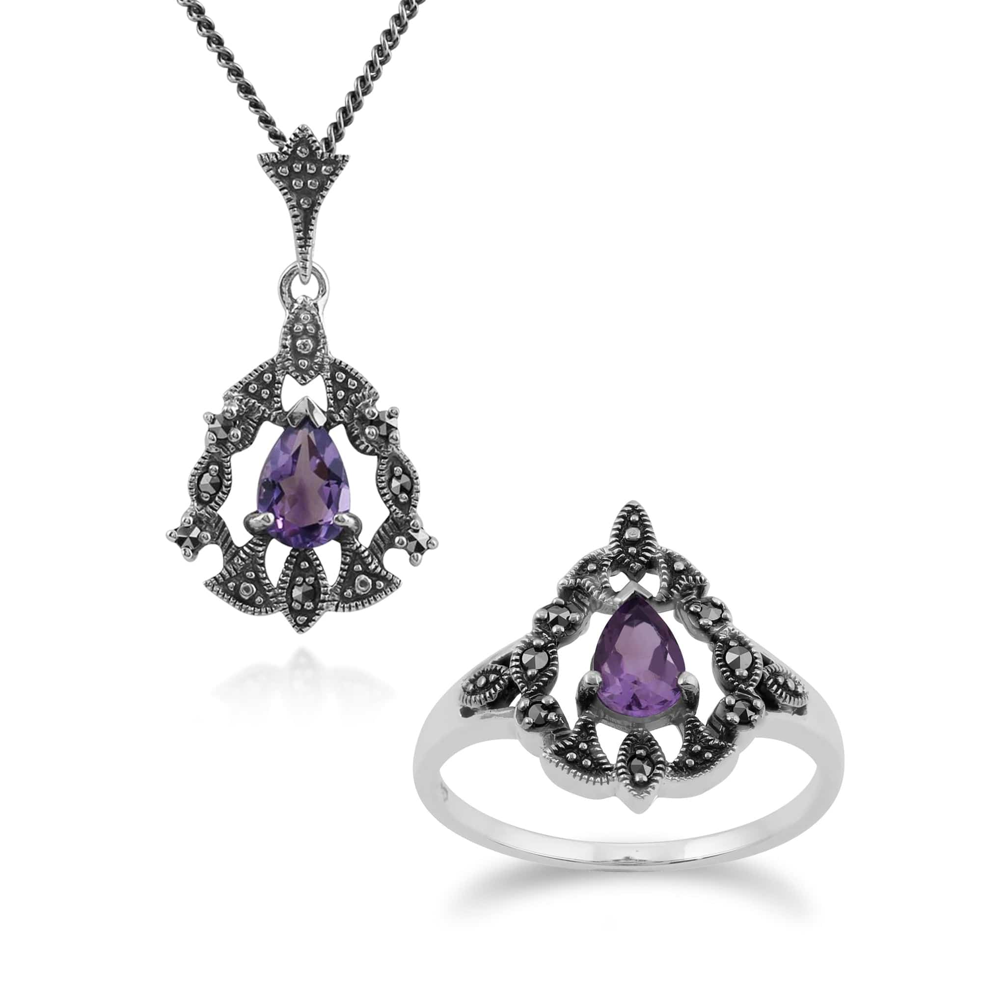 Product photograph of Art Nouveau Style Pear Amethyst Marcasite Garland Pendant Ring Set In 925 Sterling Silver from Gemondo Jewellery